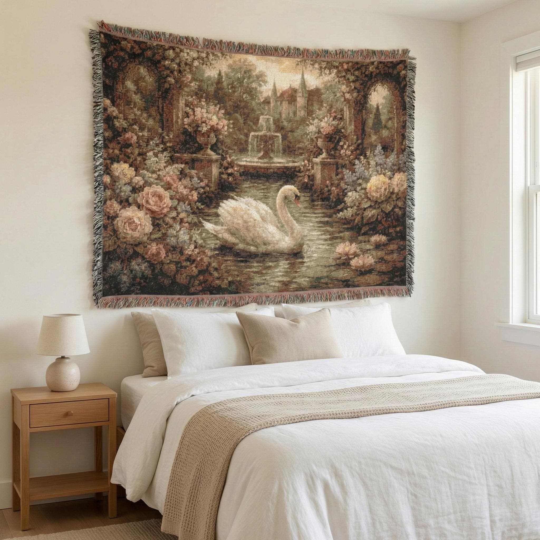 Romantic Swan French Garden Tapestry Wall Hanging Woven Throw Blanket Vintage Floral Cottagecore Fountain Country Shabby Chic Decor Wall Art