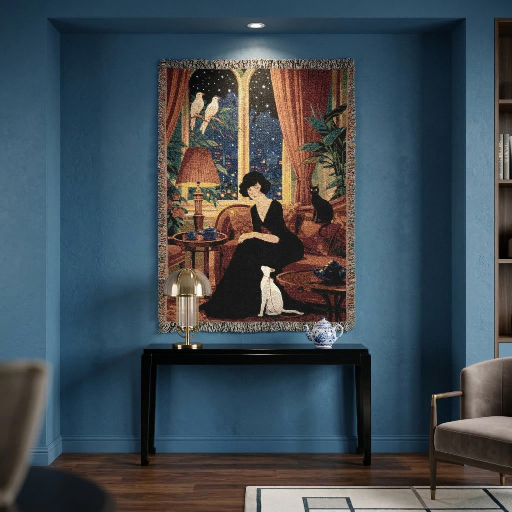Vintage Lady Tapestry Wall Hanging Moody Paris Apartment Decor Woven Throw Blanket Old Money Aesthetic Dark Academia Wall Art Cat Lover Gift