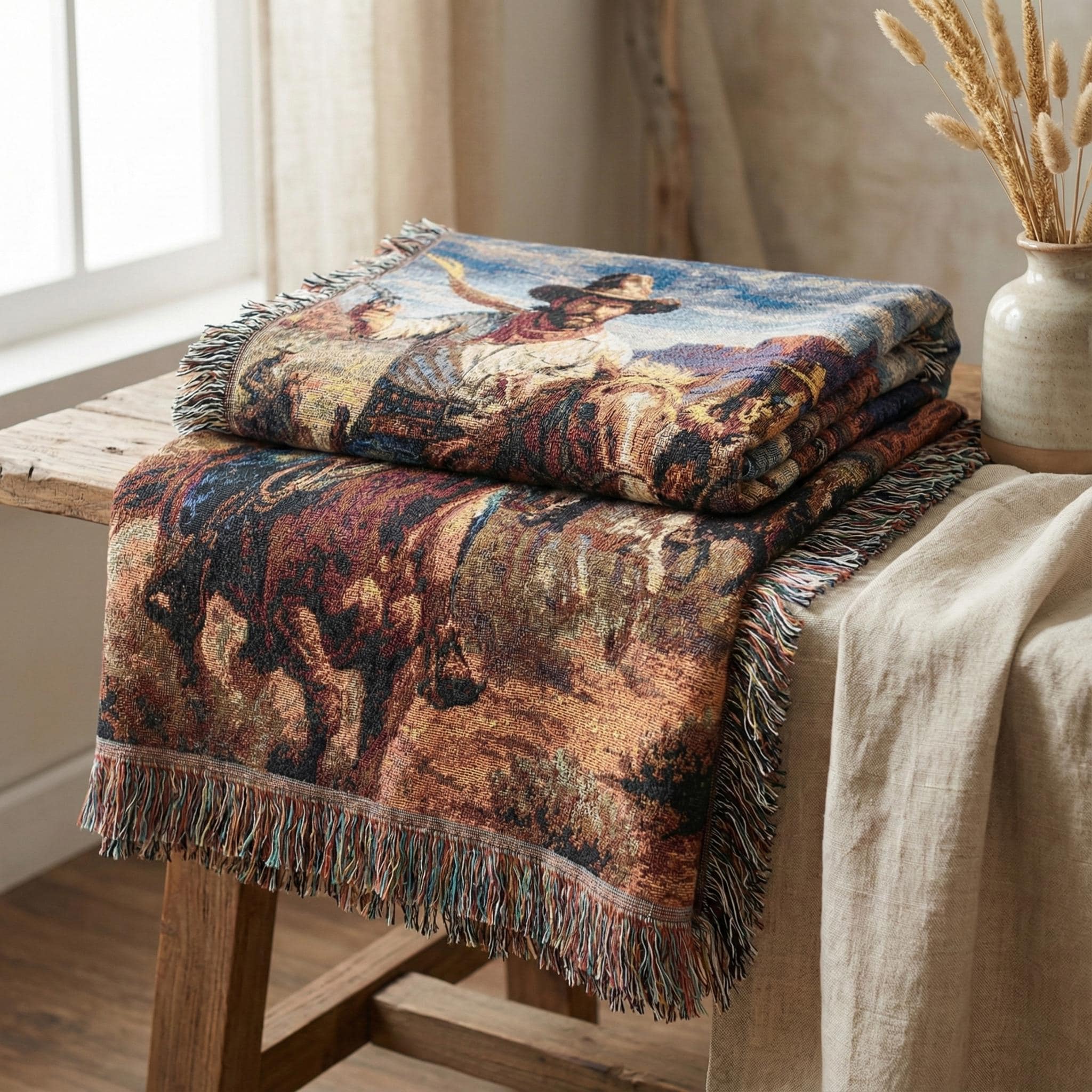 Woven tapestry blanket featuring a western cowboy riding a horse at the front of a group of riders, set in a vintage desert landscape with red rock mesas and open sky. Rustic ranch vibe with warm earth tones and detailed woven texture, finished with fringed edges. Use as tapestry wall art or woven wall hanging for western home decor, cabin lodge style, man cave, office, or living room. Perfect gift for horse lovers, cowboy decor fans, rodeo style, and housewarming.