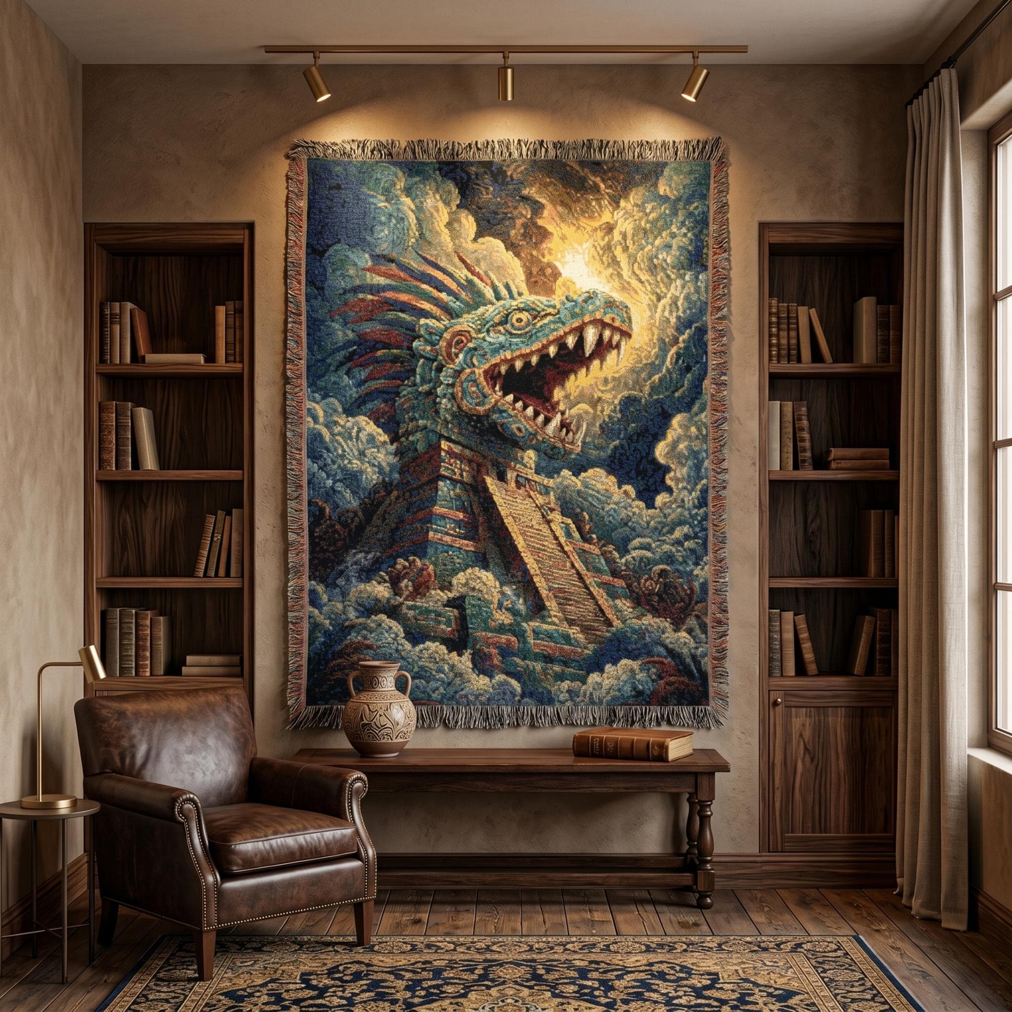 Aztec Dragon Tapestry Wall Hanging Fantasy Pyramid Wall Art Woven Throw Blanket Mesoamerican Serpent Temple Game Room Decor Mythic Accent