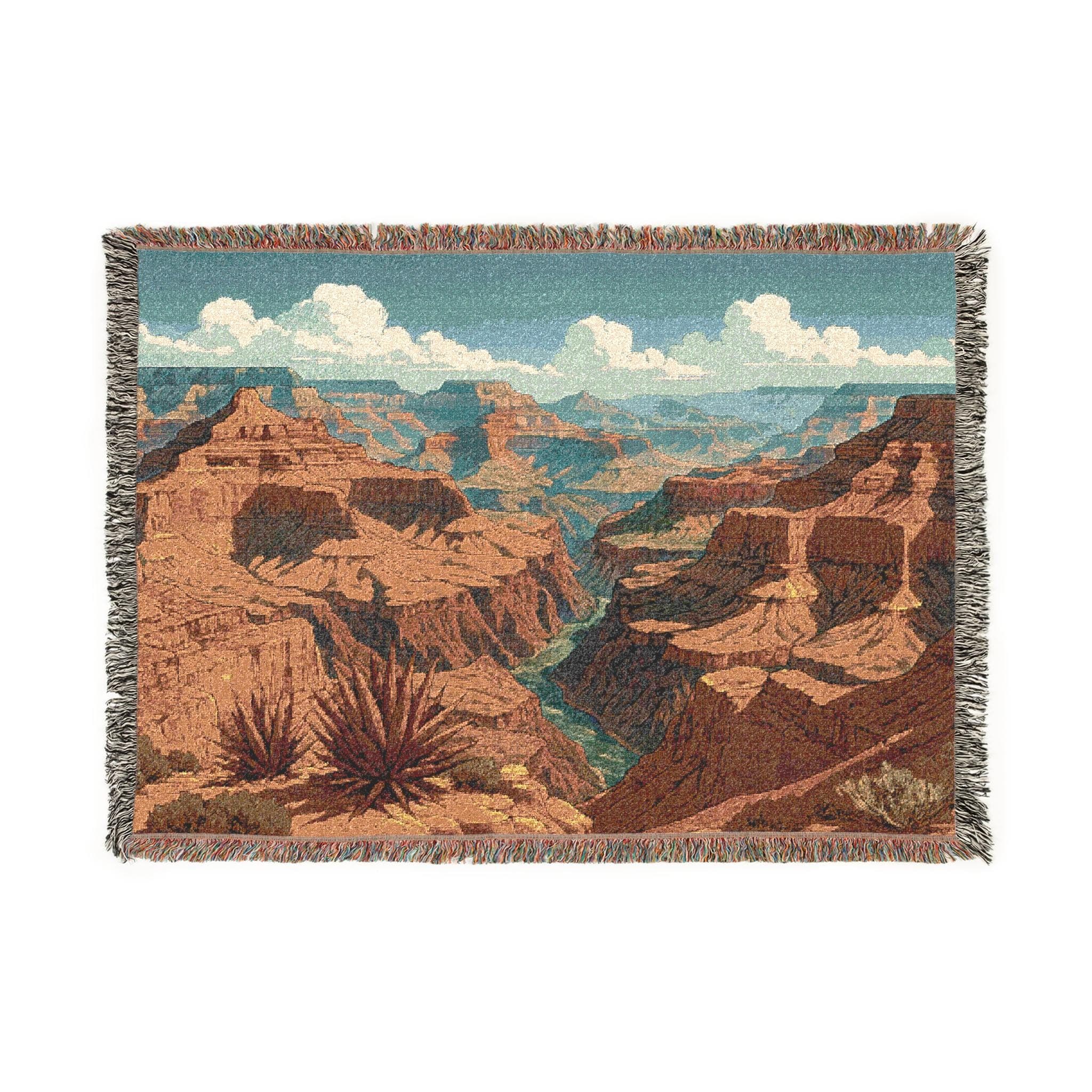 Grand Canyon woven tapestry blanket featuring a breathtaking desert canyon landscape with layered red rocks, turquoise river, and vivid sky. This large wall tapestry doubles as a woven blanket throw or classic wall decor, inspired by Western landscapes and American desert art. The intricate woven texture and rich earthy tones create a rustic, timeless feel, perfect for adding warmth and natural beauty to any living room, cabin, or bedroom. anyone who loves moody tapestry and woven decor.