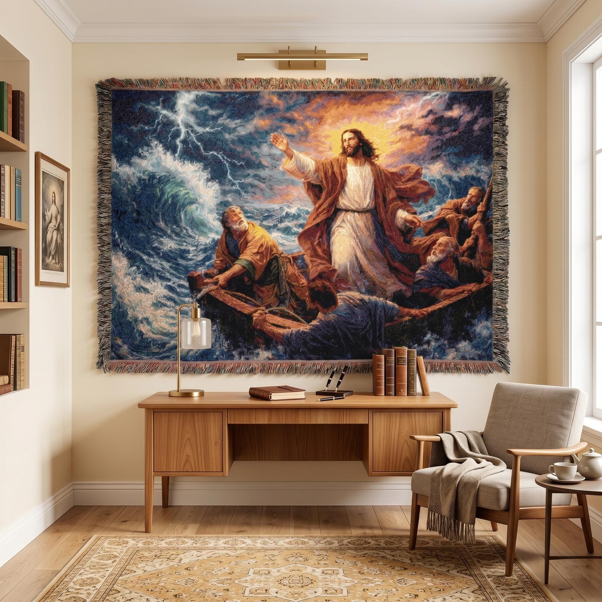 Jesus Calming the Storm Tapestry Christian Wall Hanging  Woven Throw Blanket Biblical Ocean Scene Wall Art Religious Decor Faith Home Gift