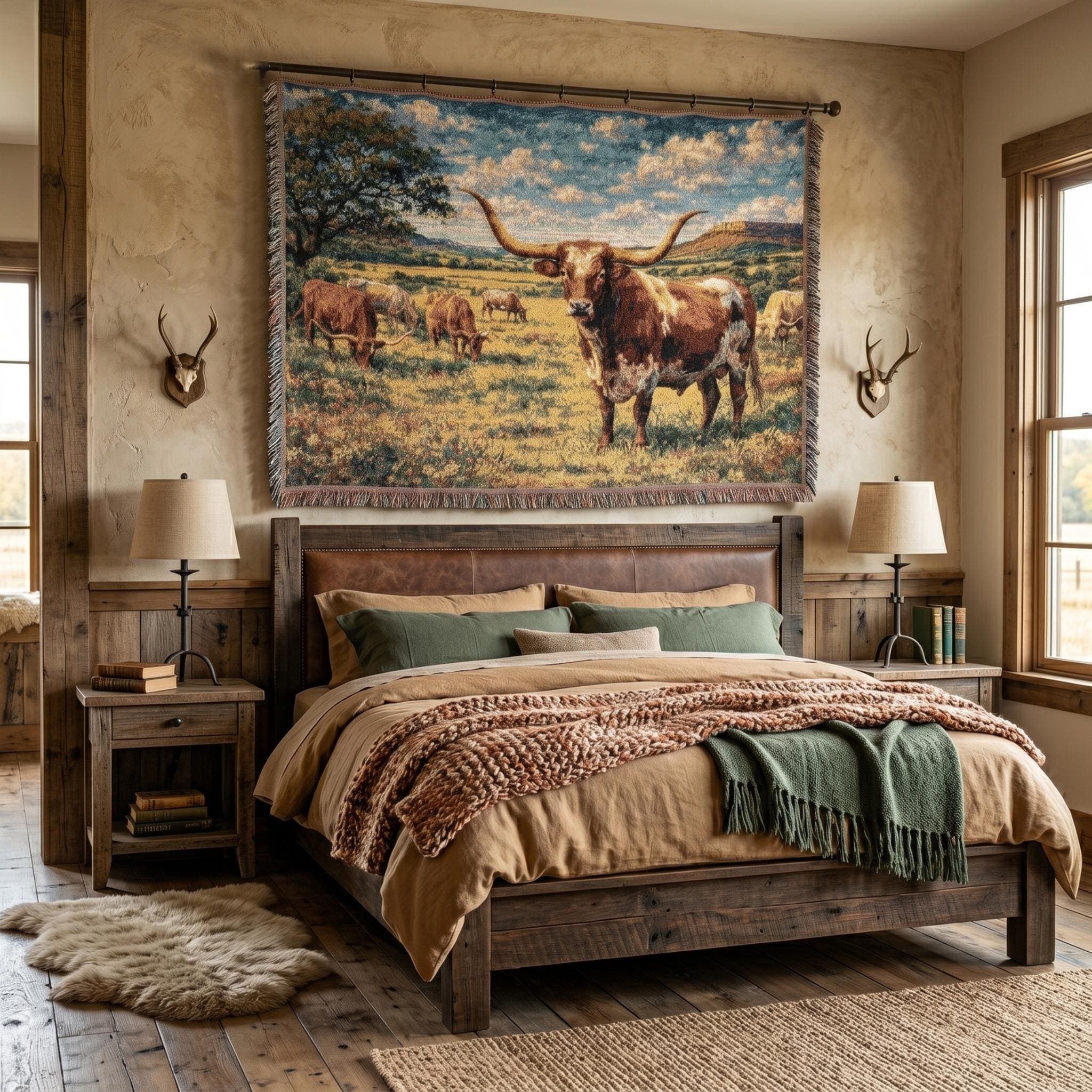 Texas Longhorn Tapestry Wall Hanging Western Wall Art Rustic Ranch Decor Pasture Cattle Scene Throw Blanket Country Farmhouse Gift for Him