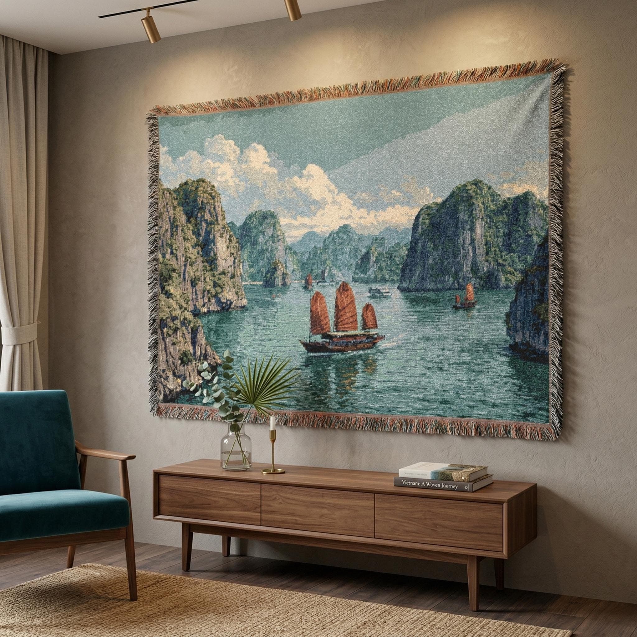 Halong Bay Tapestry Wall Tapestry Vietnam Seascape Wall Art Woven Throw Blanket Coastal Cliff Landscape Wall Hanging Travel Decor Vintage