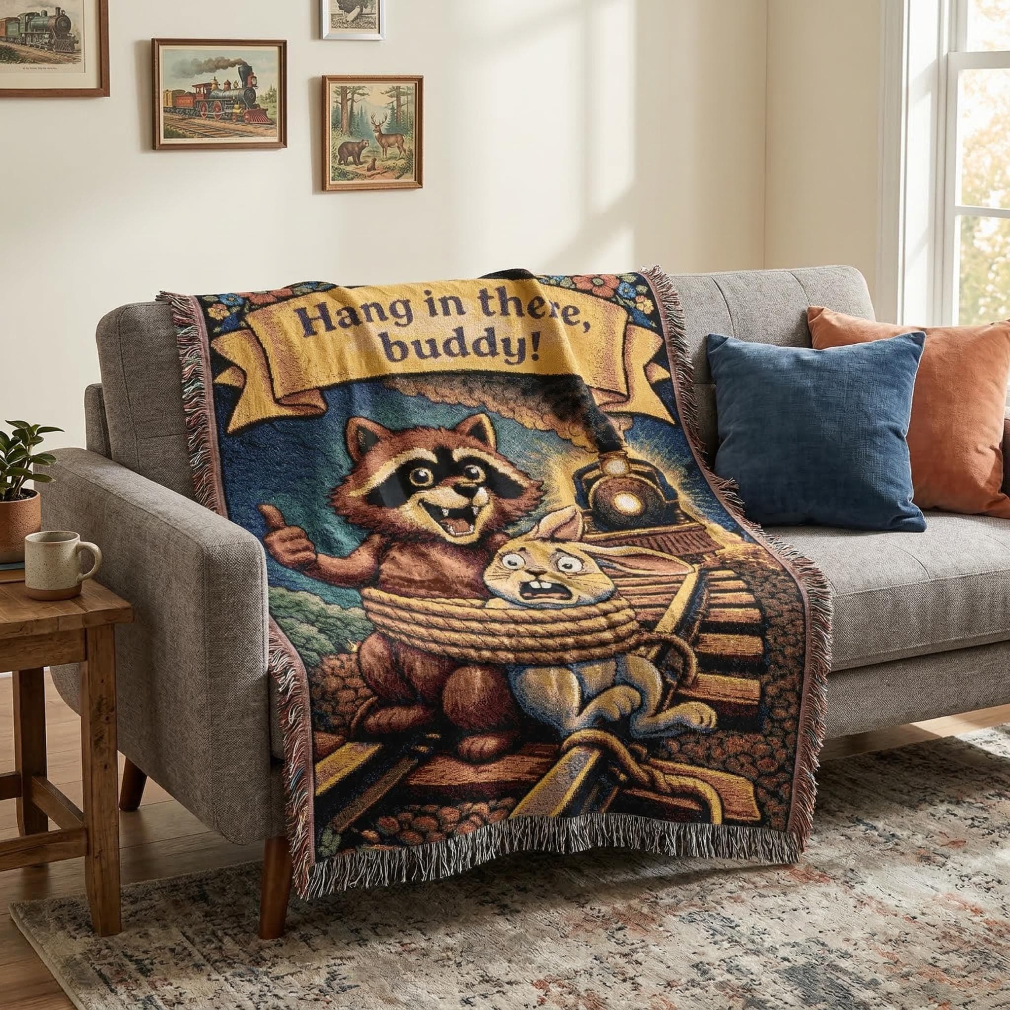 Woven tapestry wall hanging featuring a funny raccoon giving a thumbs up while a scared bunny is tied to train tracks, with a locomotive approaching behind them and the phrase “Hang in there, buddy!” above. Vintage style humorous animal wall decor with rich woven texture and fringe, ideal for game room, dorm, office, bar area, or quirky living room. Also works as a woven throw blanket. Great gift for raccoon lovers, meme fans, train lovers, and novelty decor collectors.
