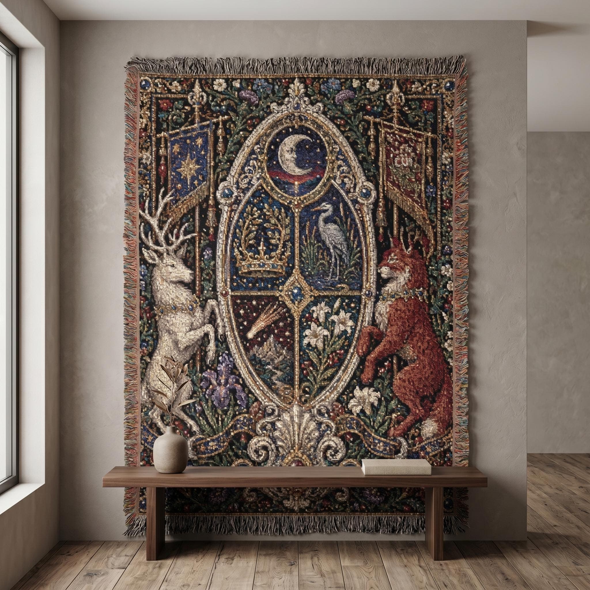 Heraldic Crest Large Tapestry Wall Hanging Gothic Floral Wall Art Medieval Castlecore Decor Woven Throw Blanket Regal Fantasy Room Accent