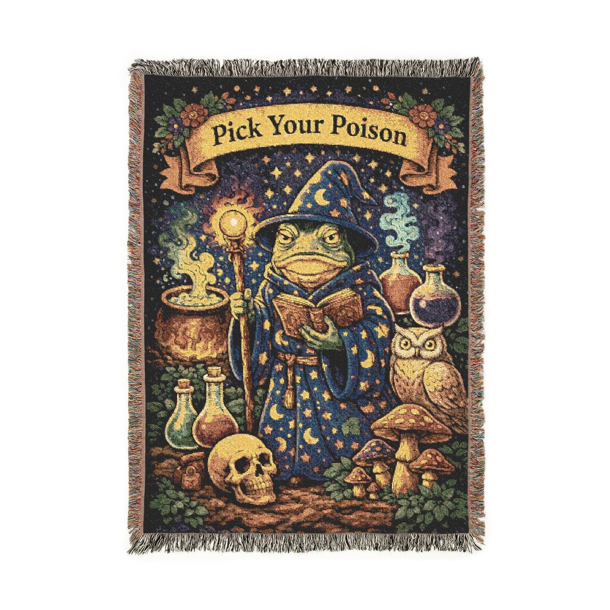 Woven tapestry wall hanging and woven throw blanket featuring a whimsical frog wizard beneath a starry night sky, holding a spellbook and staff. Surrounded by a bubbling cauldron, potion bottles, skull, owl, and mushrooms with the phrase “Pick Your Poison.” Funny witchy cottagecore wall art for fantasy decor, DnD game room, gothic cabin, Halloween corner, or eclectic living room. Fringe edges, cozy woven texture, magical alchemy vibe. Ideal gift for tabletop gamers, witches, and frog lovers.