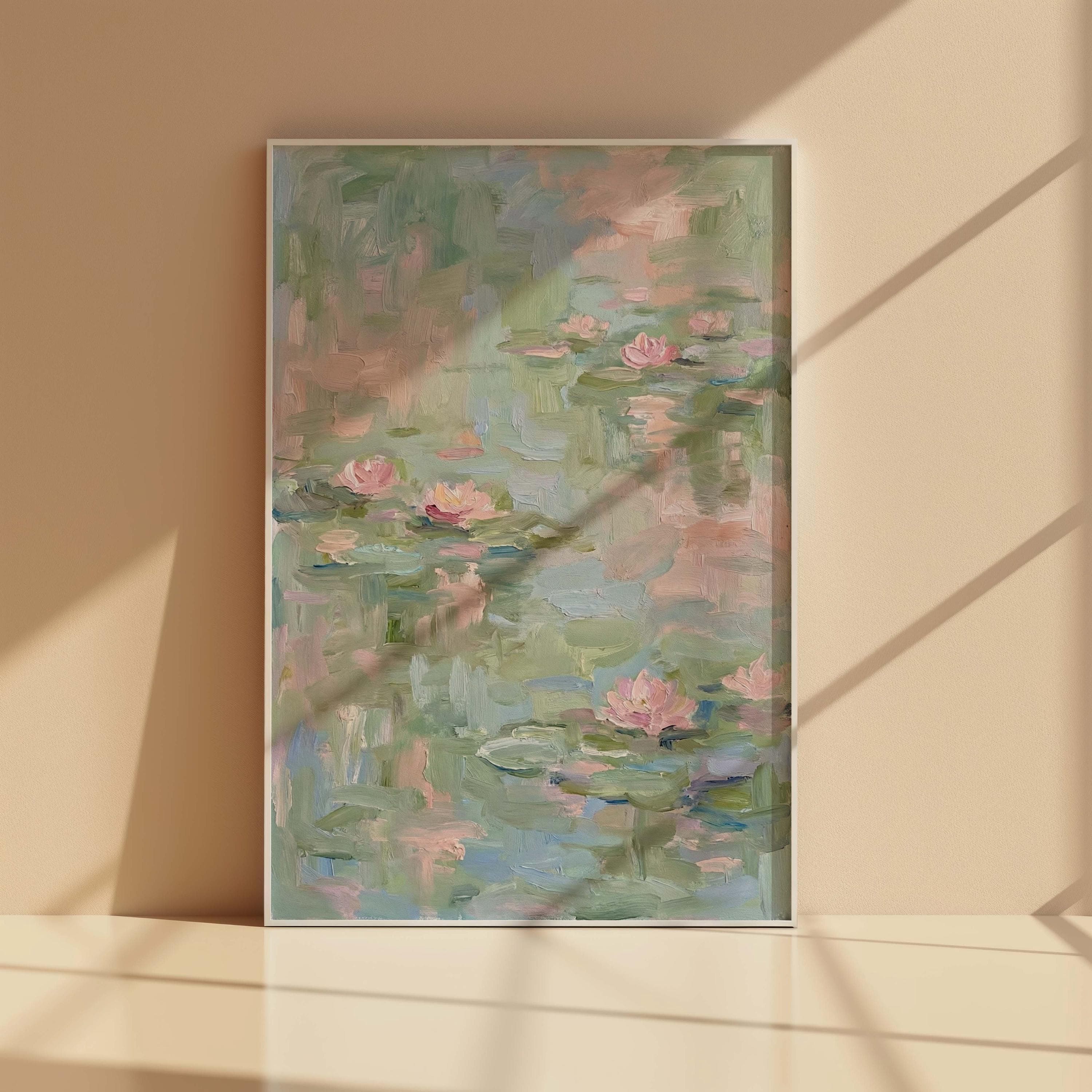 Abstract Water Lily Pond Print, Sage Green and Pink Wall Art, Textured Impasto Oil Painting, Modern Floral Poster, Pastel Nursery Decor - image 3
