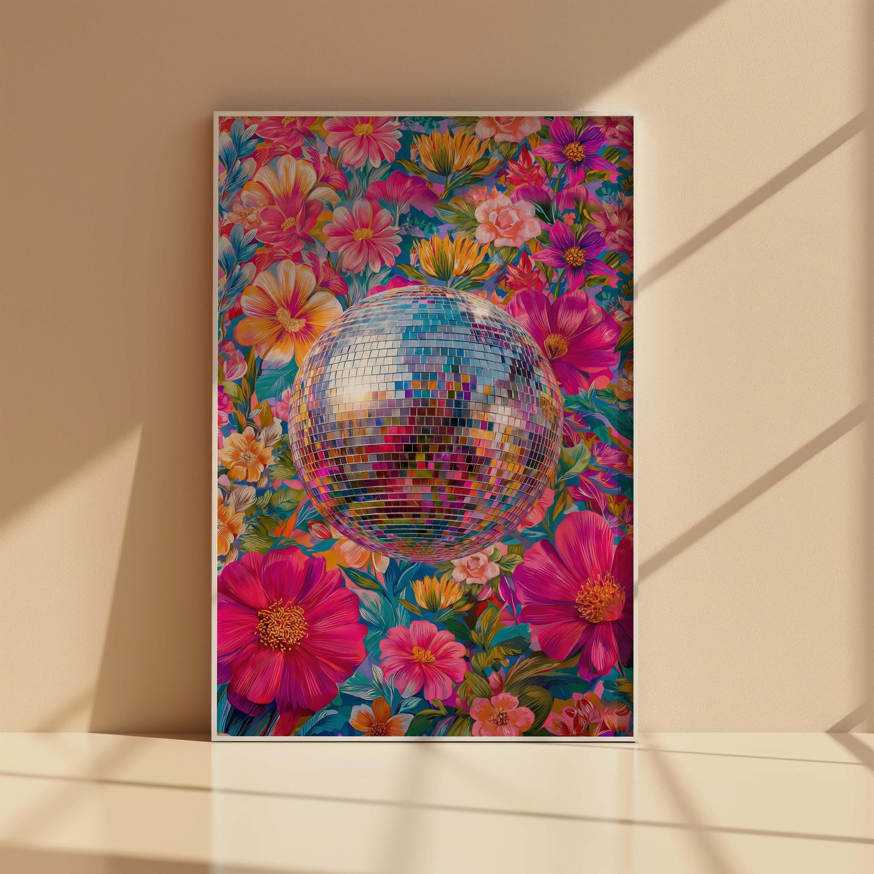 Disco Ball Poster, Maximalist Floral Wall Art, Hot Pink Dopamine Decor, 70s Print - image 3