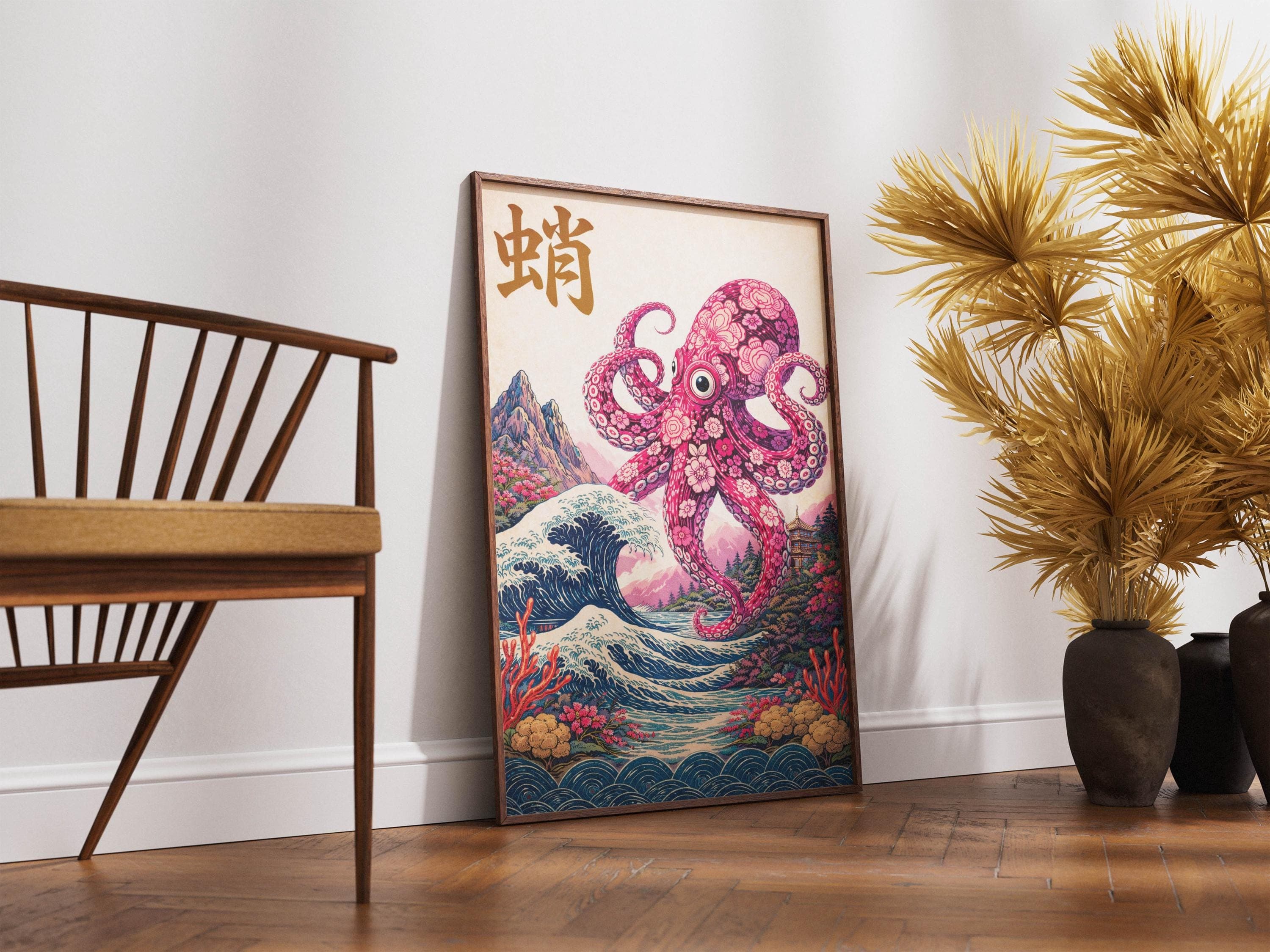 Pink Floral Octopus Print, Japanese Wave Wall Art, Maximalist Sea Creature Poster - image 4
