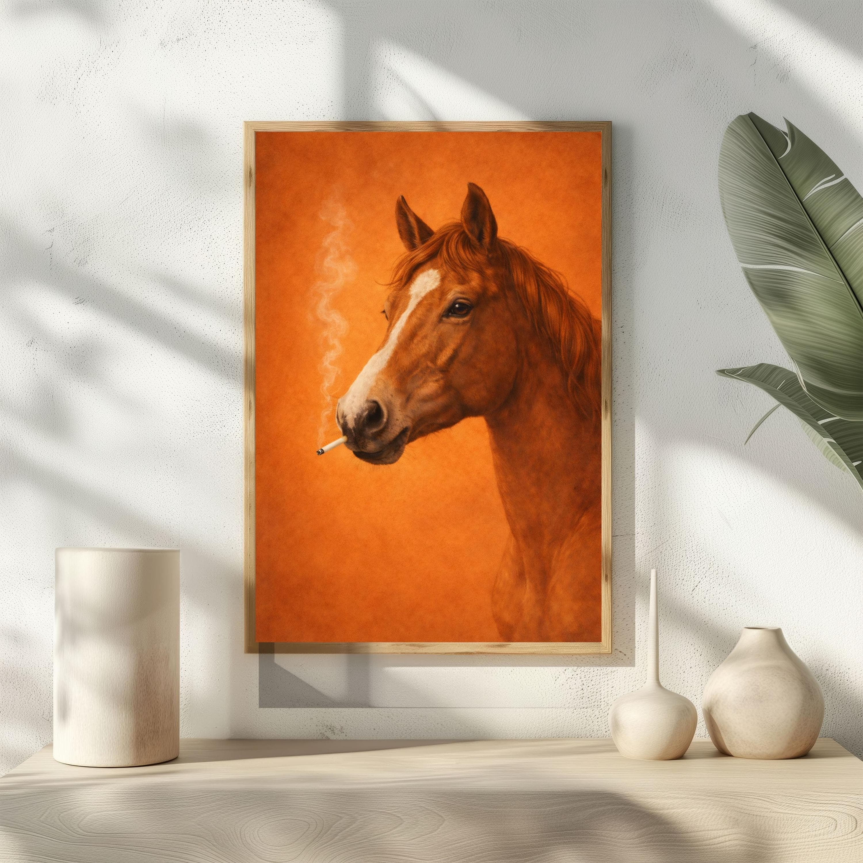 Smoking Horse Poster, Vintage Horse Print, Funny Man Cave Decor, Weirdcore Art