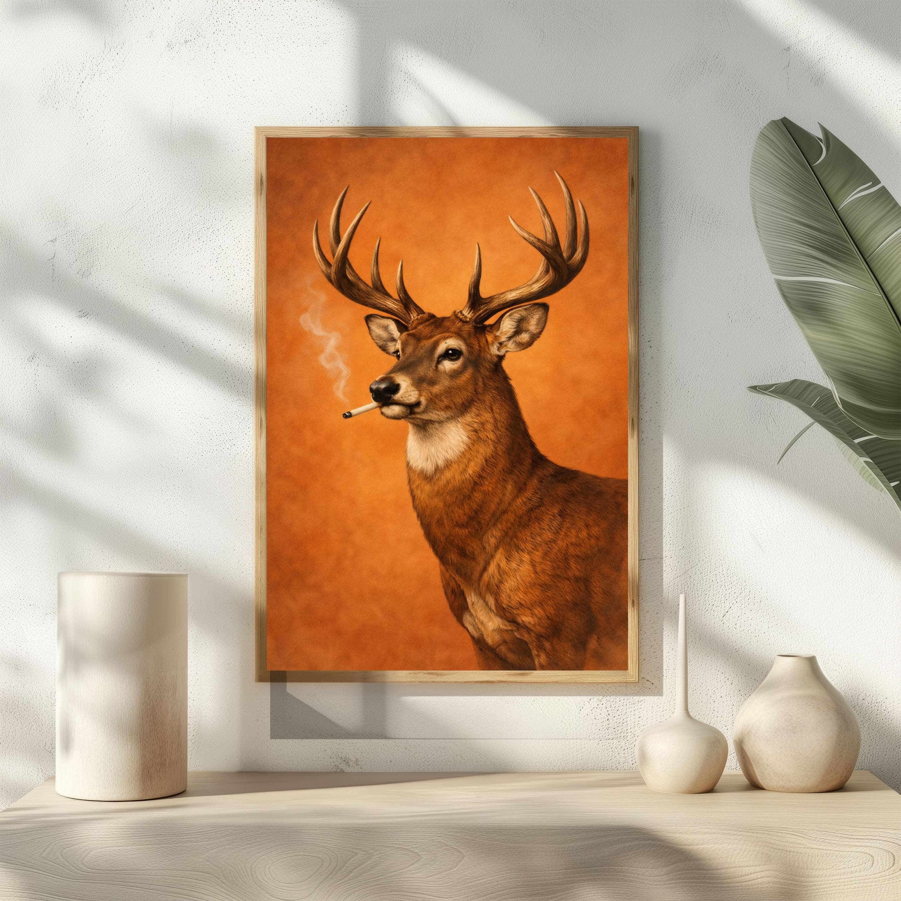 Smoking Stag Poster, Vintage Deer Print, Funny Man Cave Decor, Weirdcore Wall Art