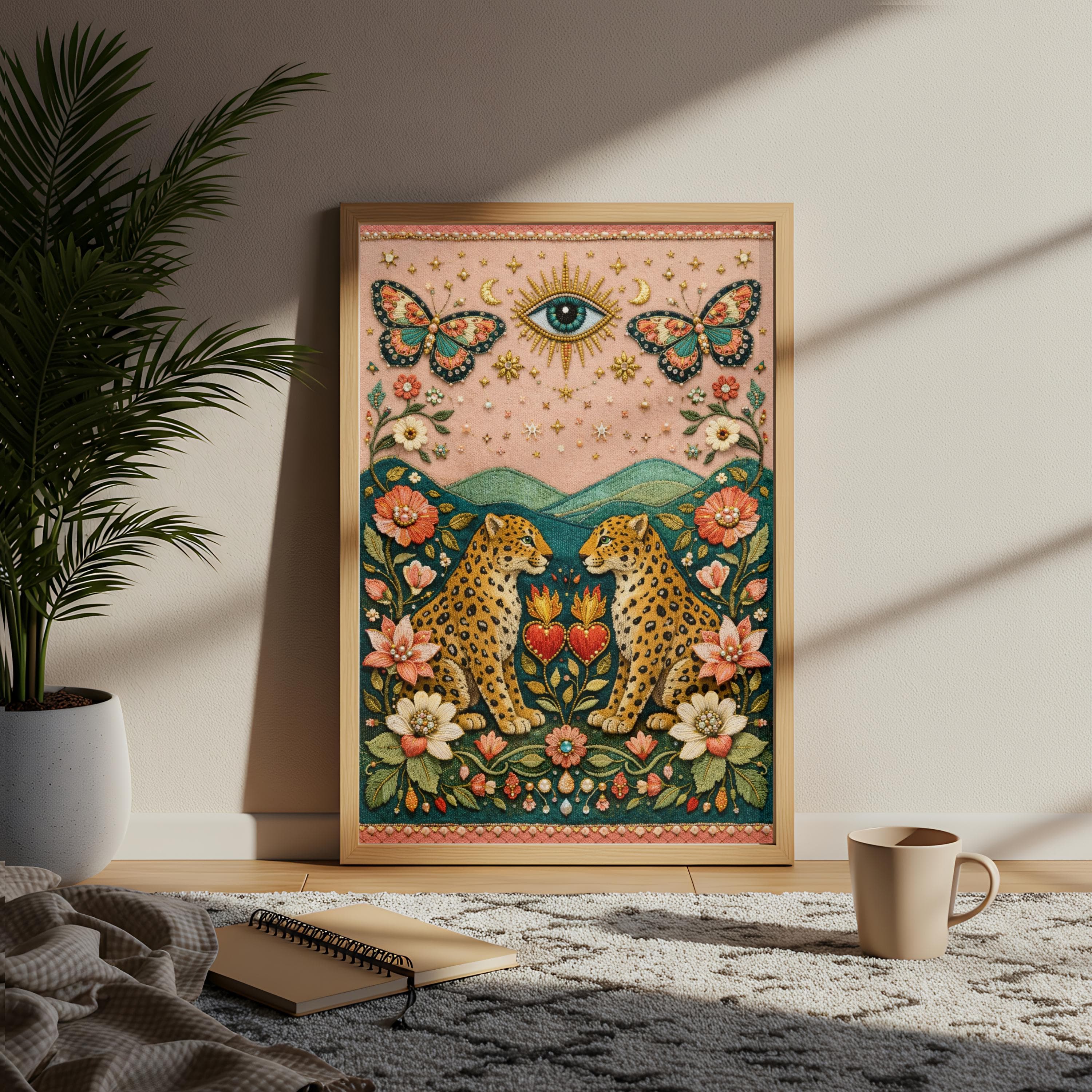 Maximalist Leopard Wall Art, Faux Embroidery Print, Sacred Heart, Evil Eye Poster - image 5