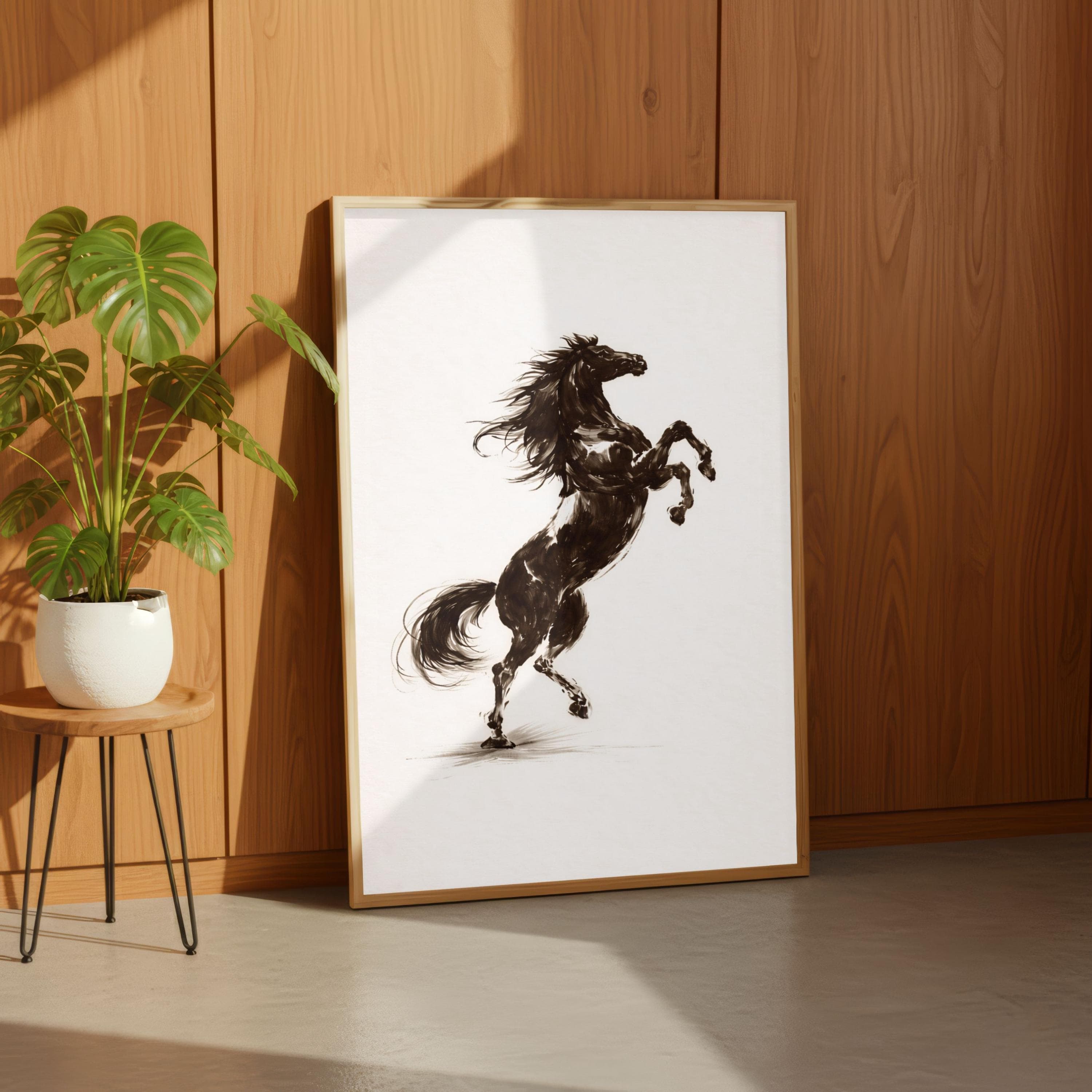 Sumi e Horse Poster, Ink Wash Wall Art, Rearing Horse, Minimalist Equine Print - image 5