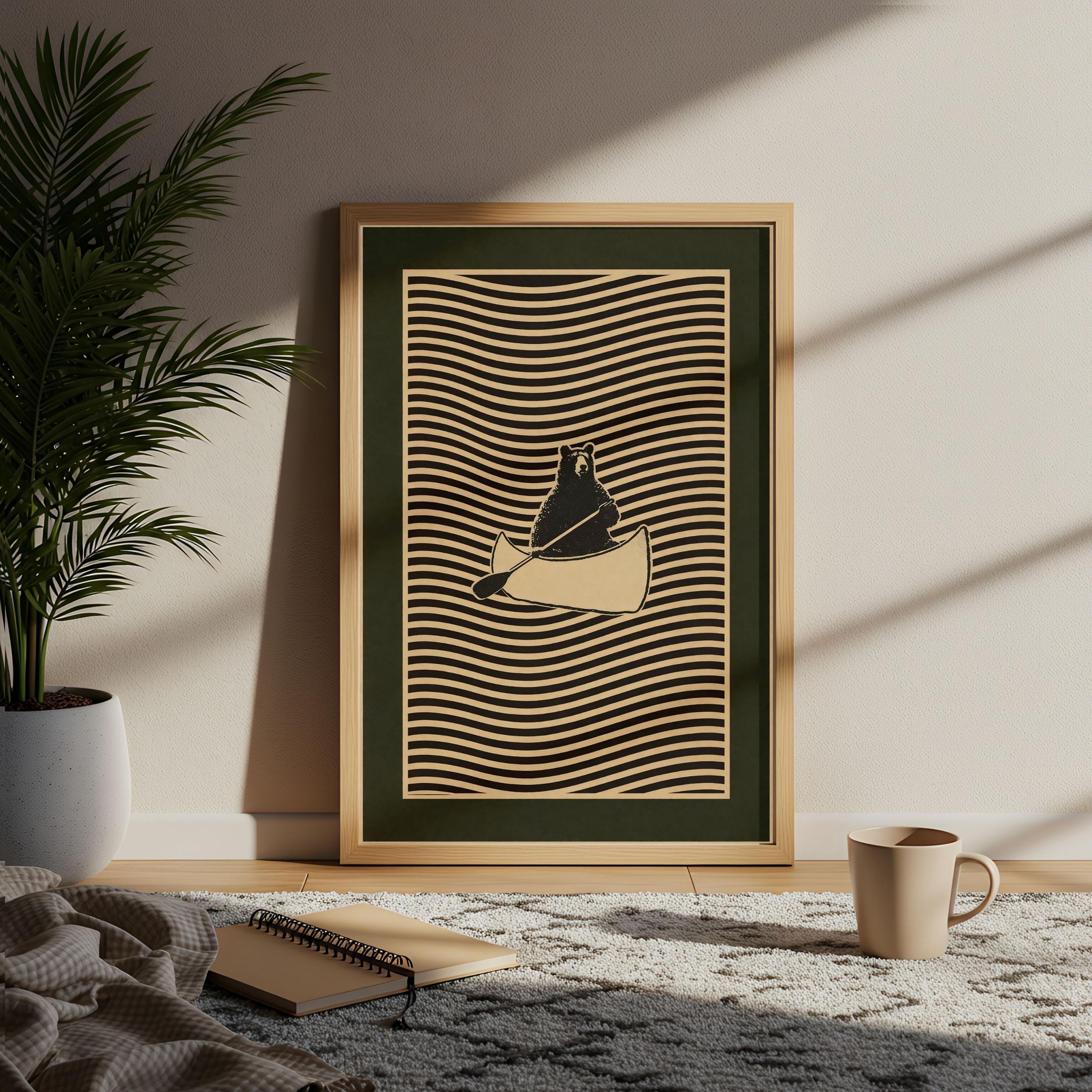 Linocut Bear Print, Canoe Surrealist Wall Art, Dark Green Border Poster - image 5