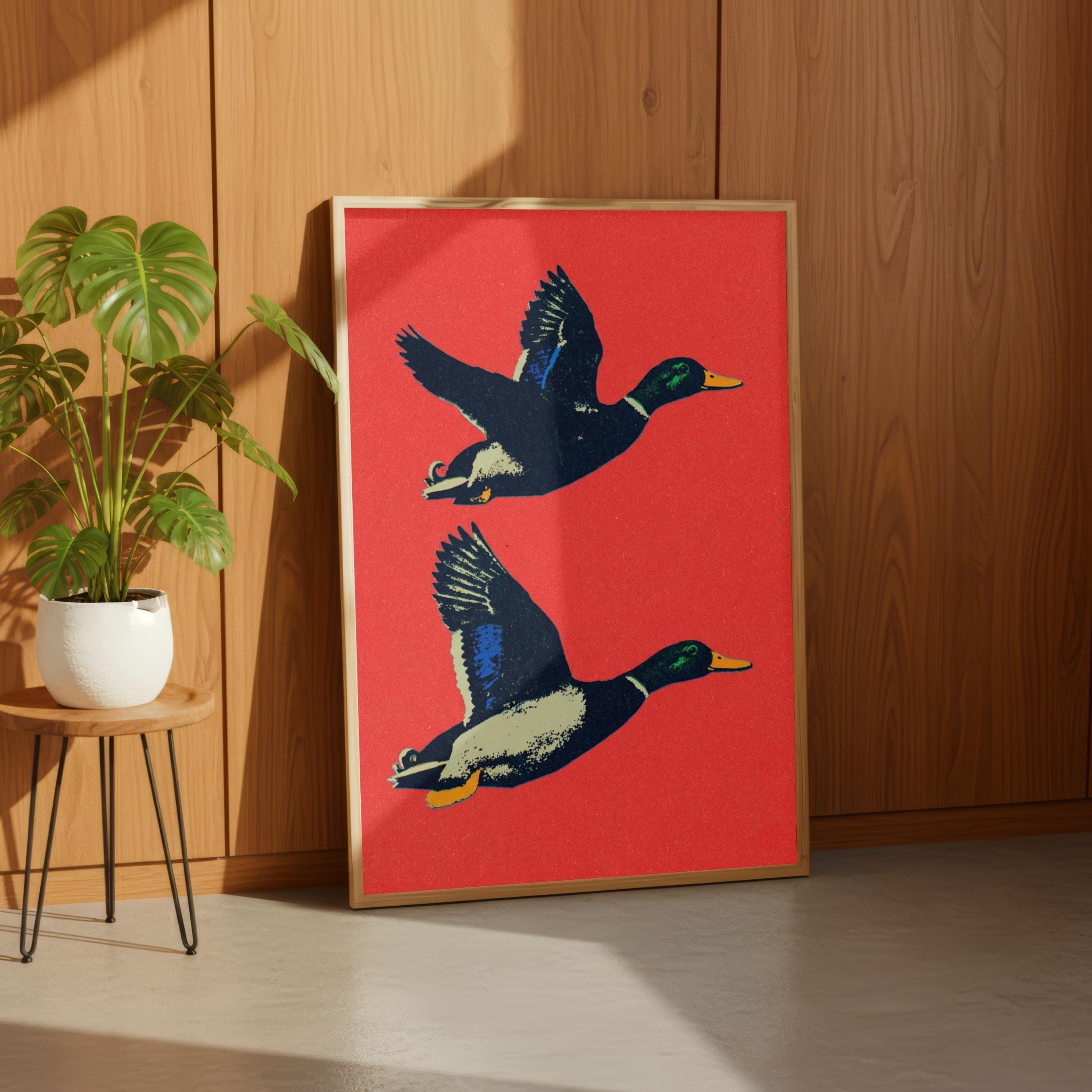 Flying Mallard Duck Poster, Retro Pop Art, Red Background Graphic, Vintage Decor - image 4