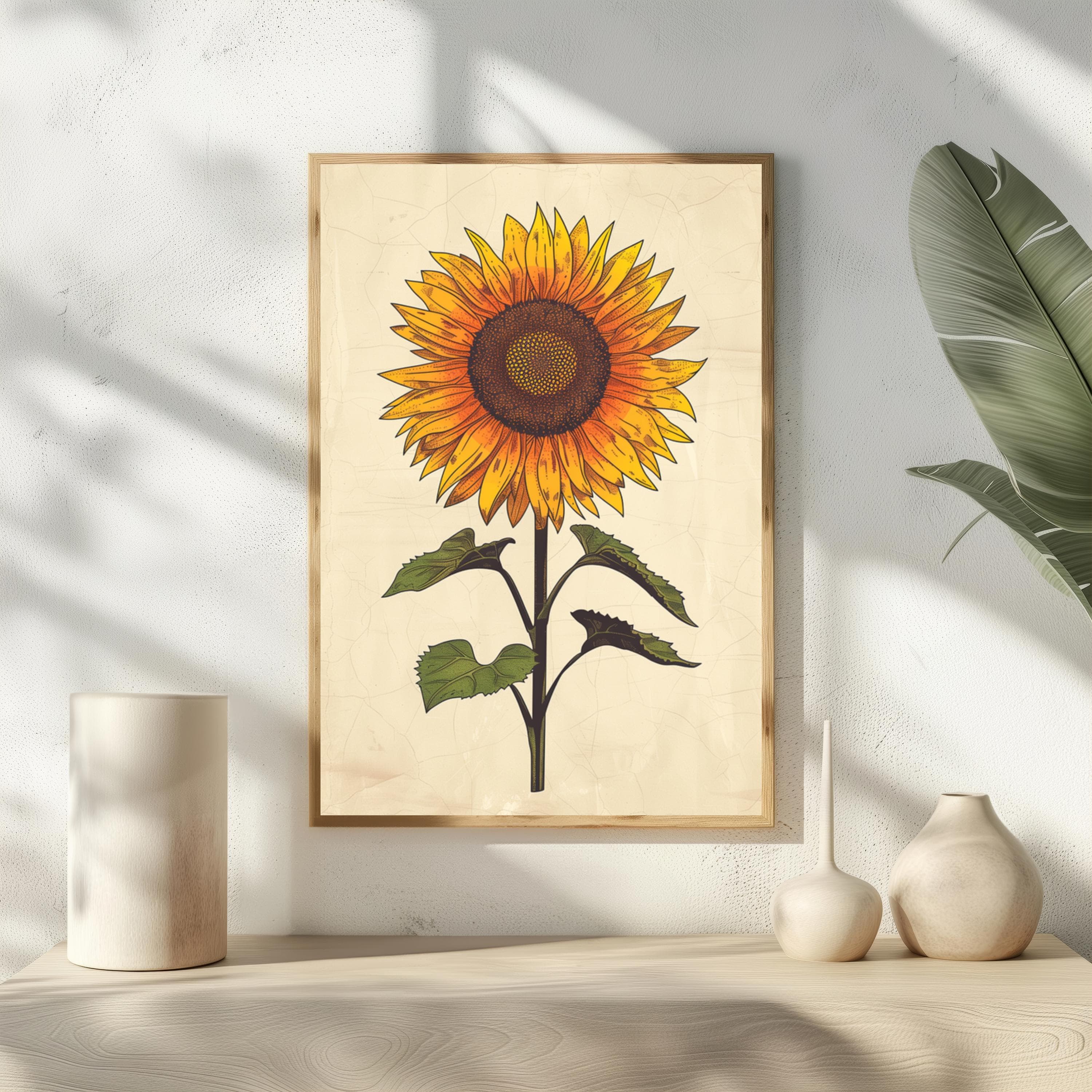Vintage Sunflower Botanical Print, Rustic Farmhouse Wall Art, Aged Paper Flower Poster