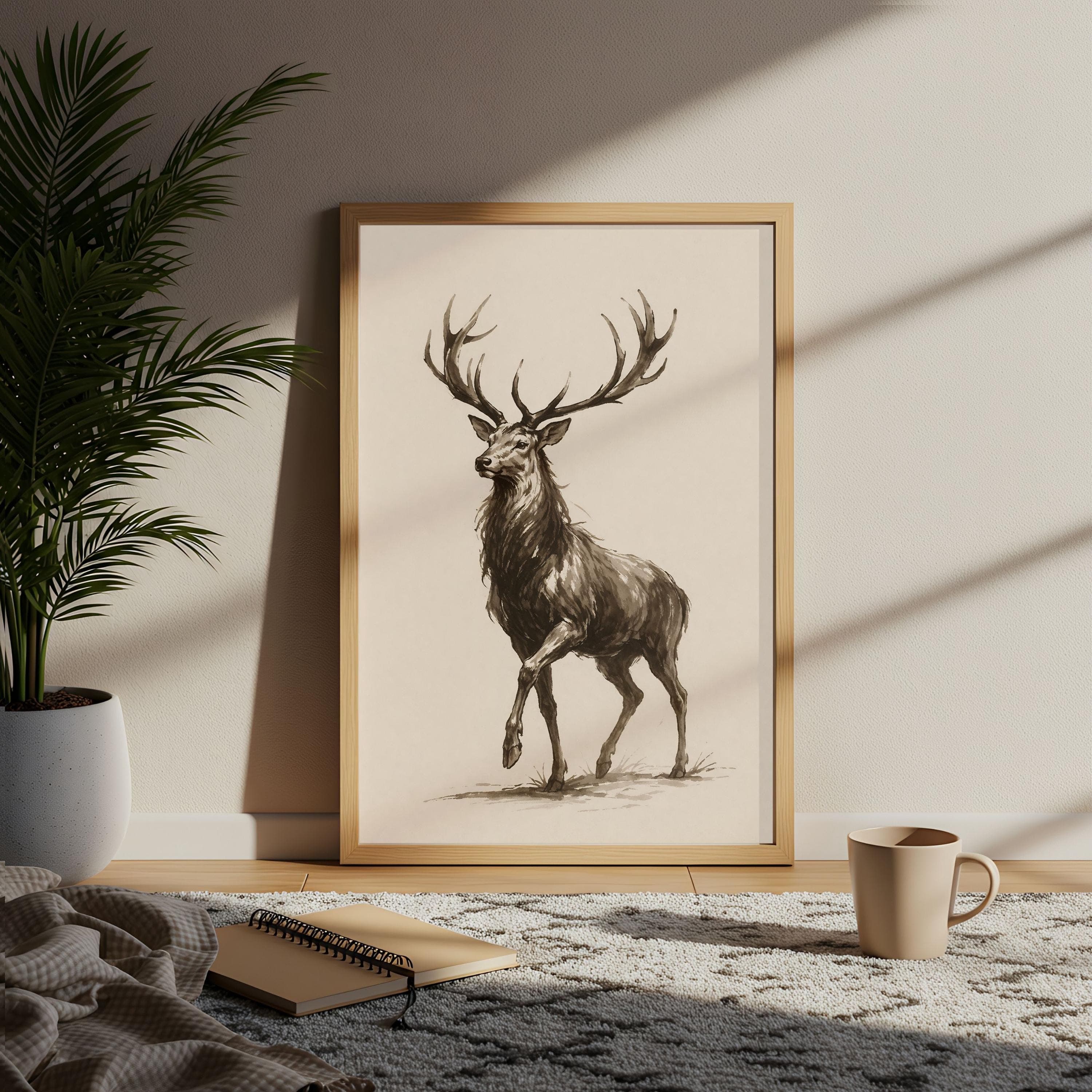 Vintage Stag Drawing, Rustic Cabin Decor, Elk Poster, Sepia Deer Wall Art Sketch - image 5