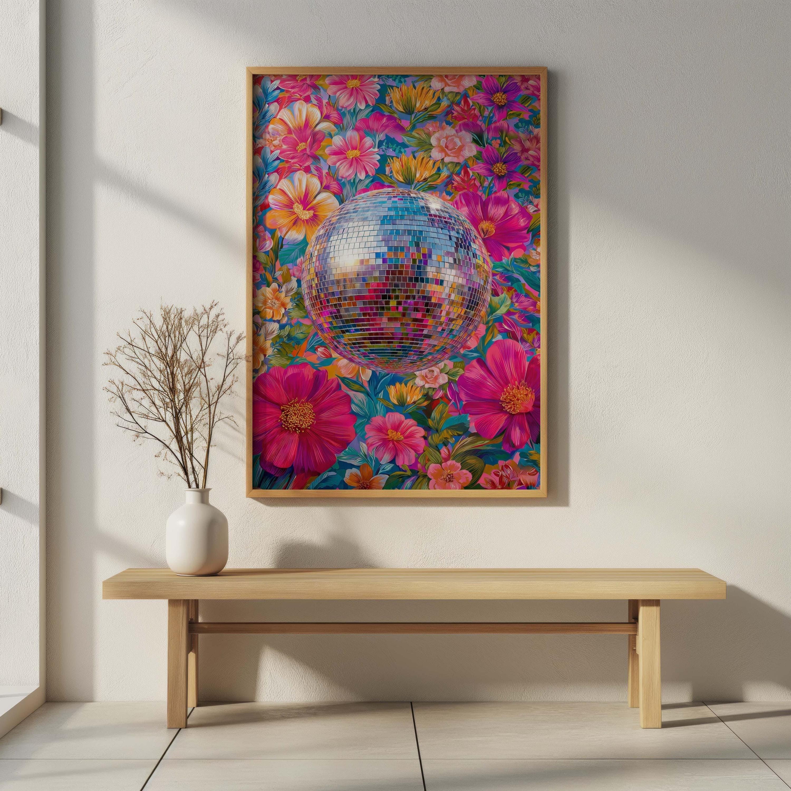 Disco Ball Poster, Maximalist Floral Wall Art, Hot Pink Dopamine Decor, 70s Print - image 4