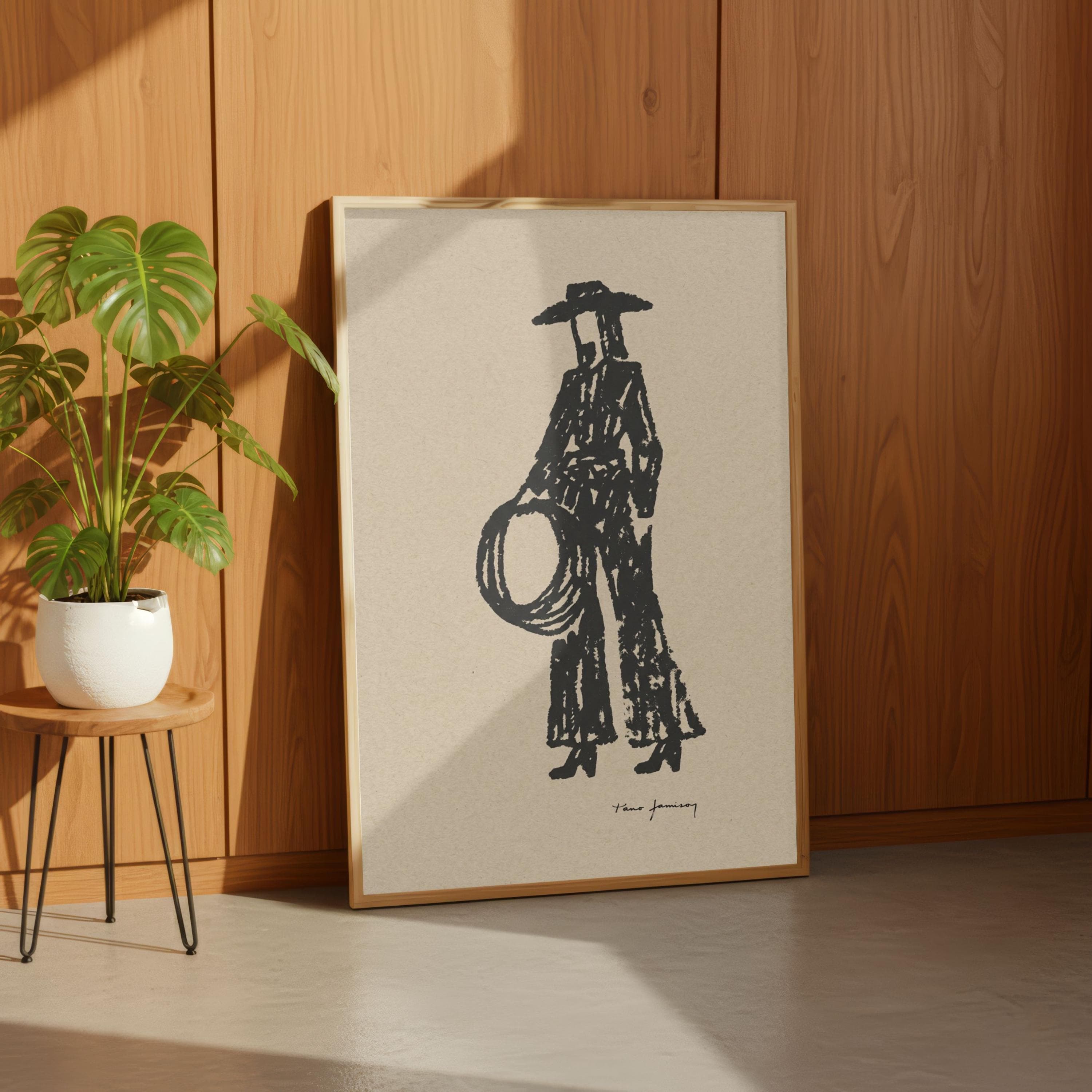 Cowgirl Sketch Minimalist Wall Art, Western Boho Line Art, Lasso Cowboy Drawing - image 4