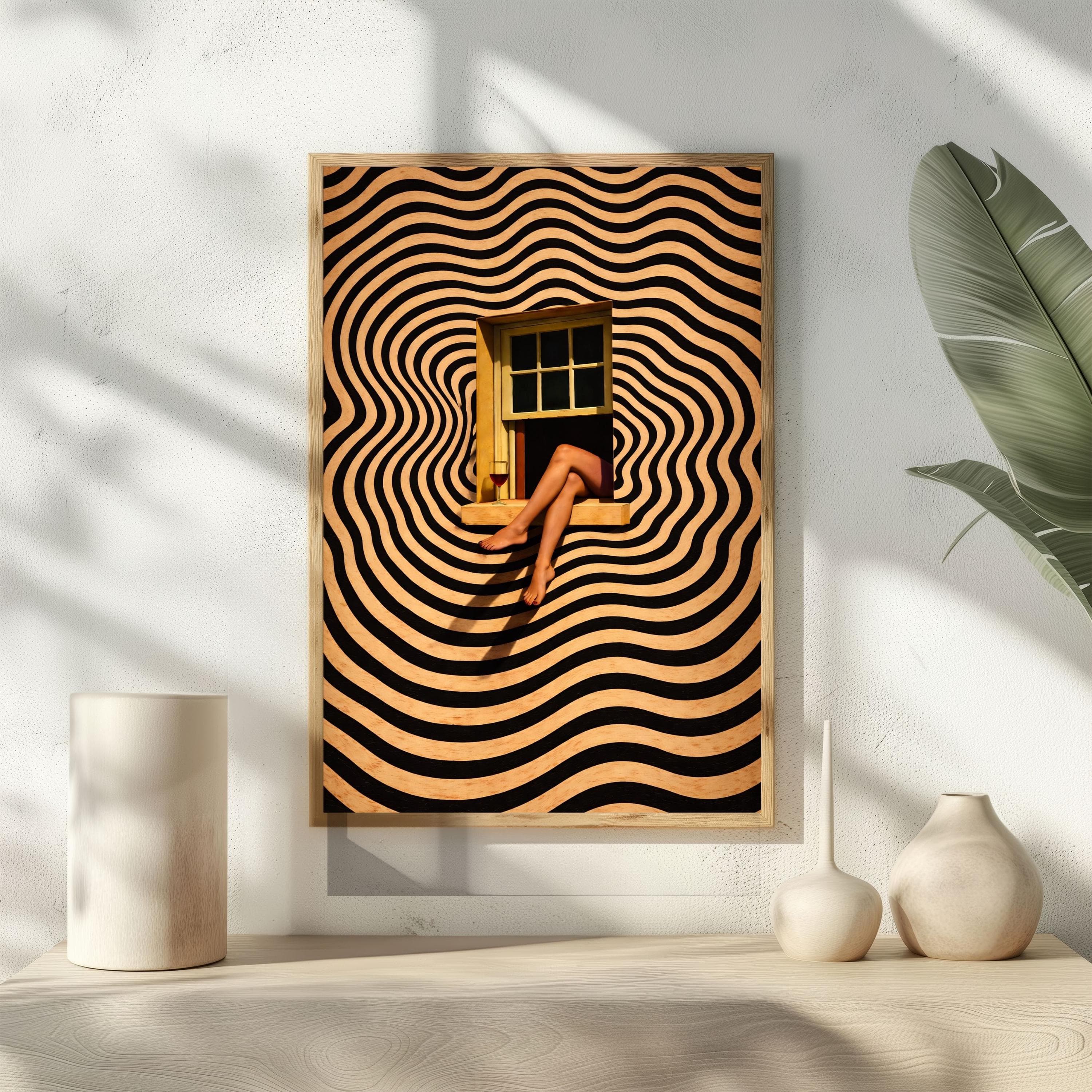 Surreal Wall Art, Optical Illusion Print, 70s Retro Poster, Red Wine Graphic