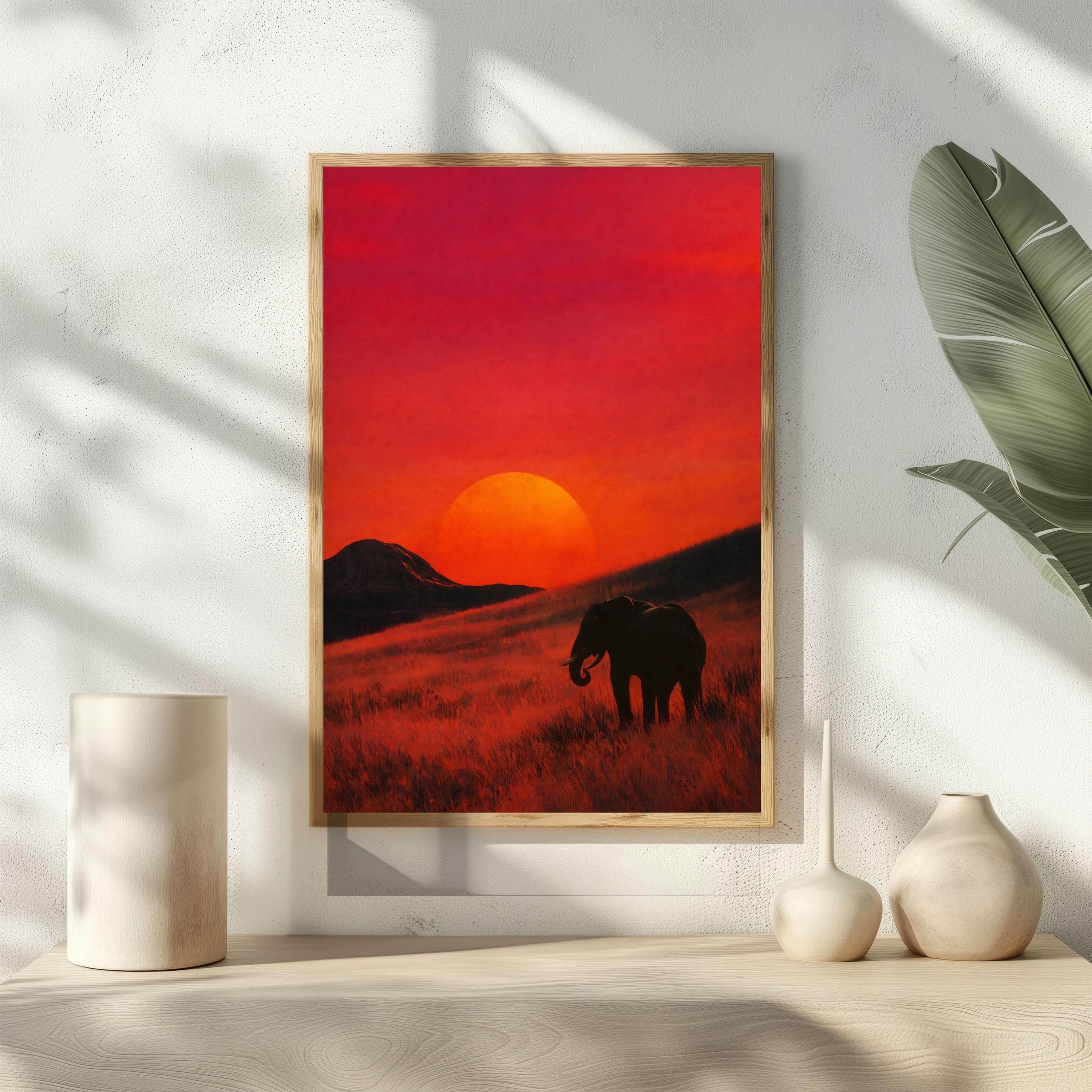 Elephant Sunset Silhouette, African Safari Wall Art, Retro Red Orange Poster