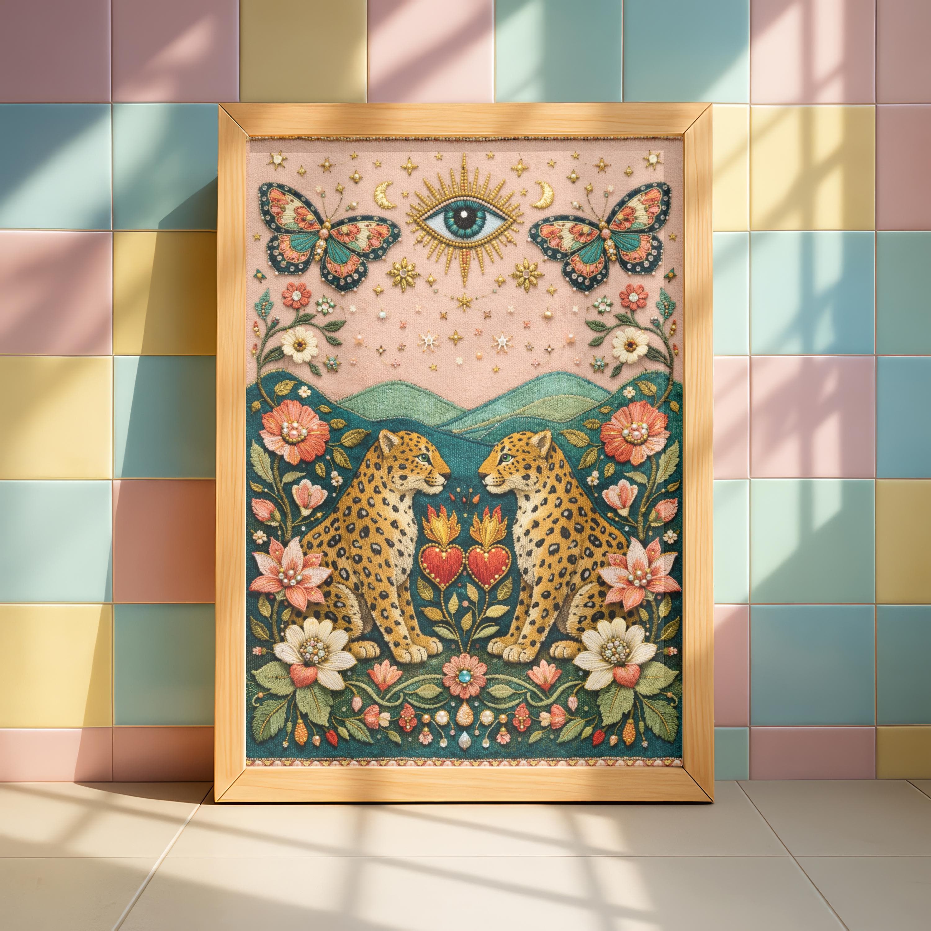 Maximalist Leopard Wall Art, Faux Embroidery Print, Sacred Heart, Evil Eye Poster - image 4