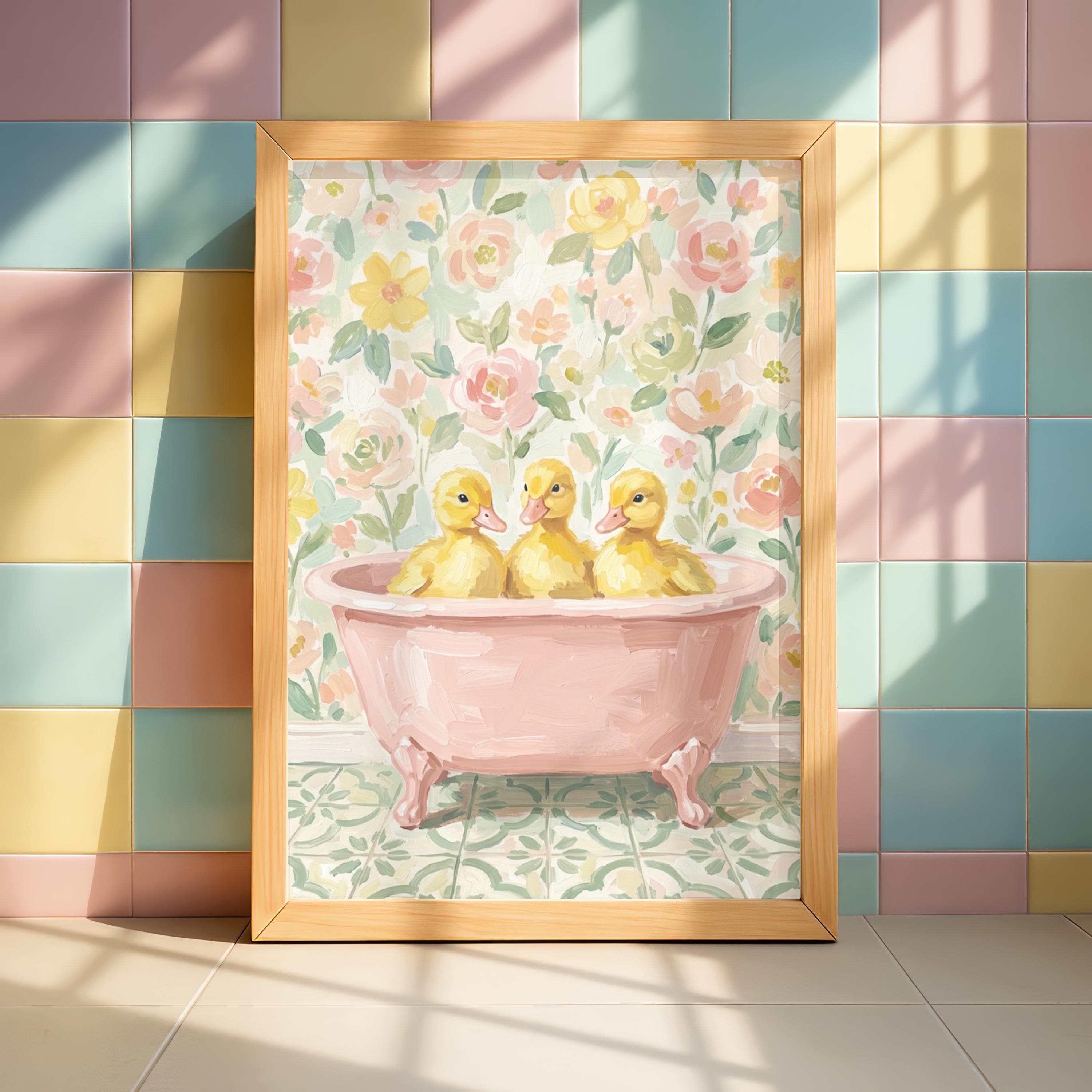 Ducklings In Pink Bathtub Print, Impressionist Bathroom Art, Funny Duck Poster - image 4