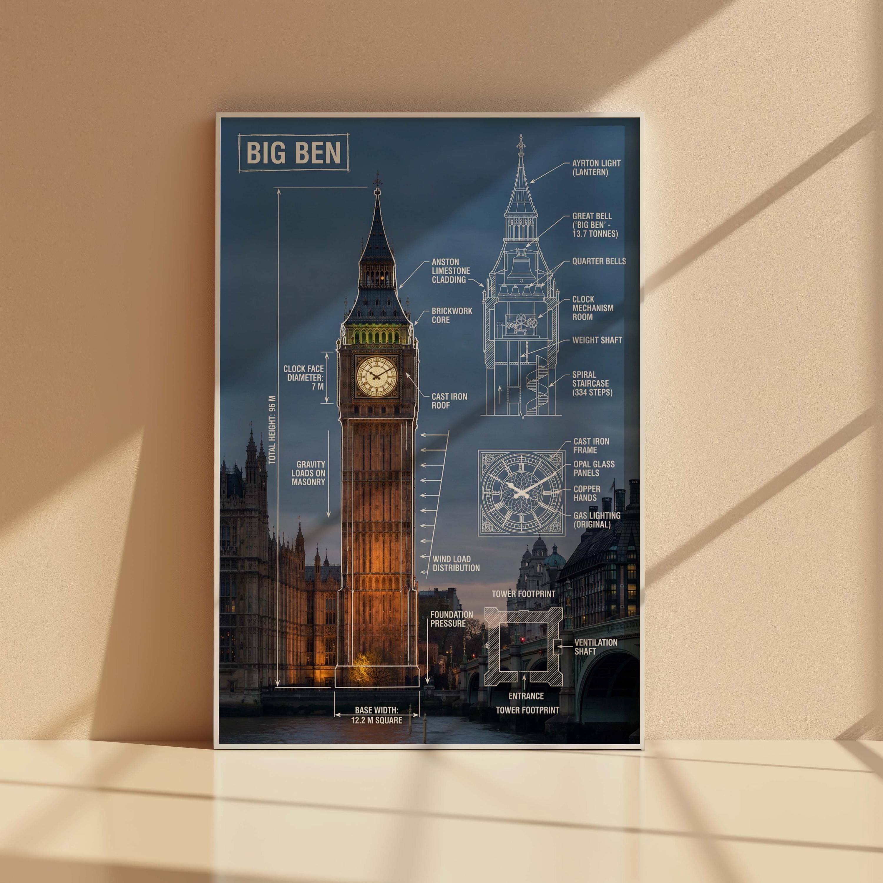 Big Ben Structural Art | London Architecture Print | Elizabeth Tower Plan | Wind Load Diagram | British History Gift | Horology Decor - image 3