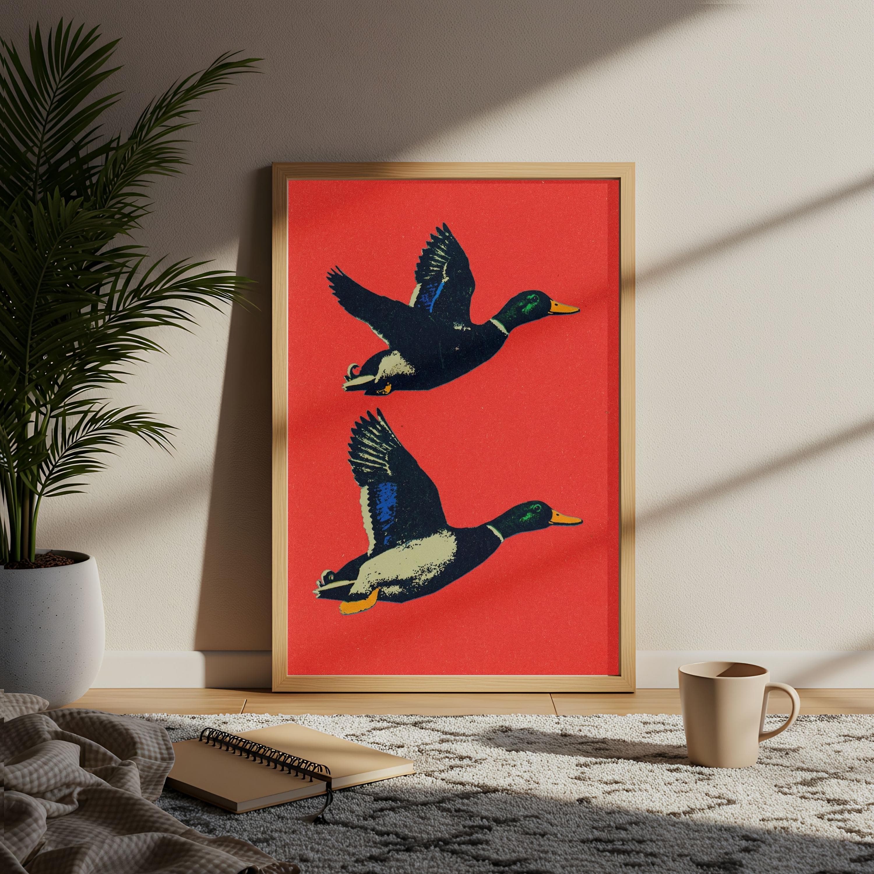 Flying Mallard Duck Poster, Retro Pop Art, Red Background Graphic, Vintage Decor - image 5