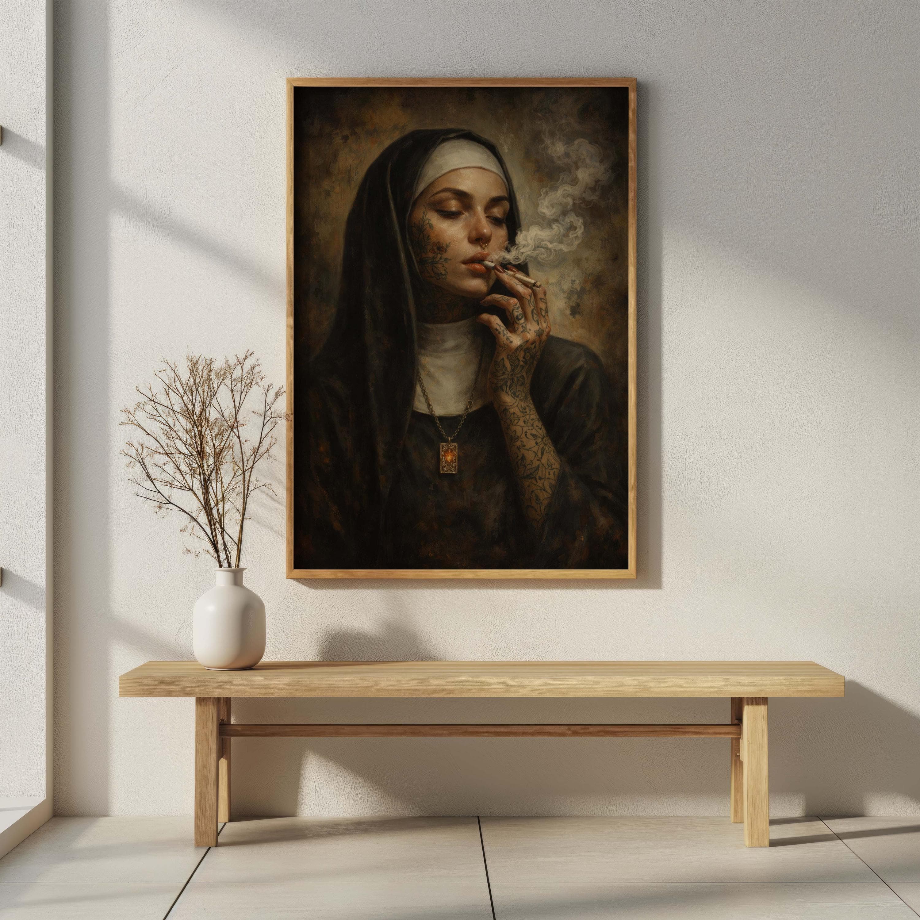 Tattooed Nun Smoking Print, Dark Academia Wall Art, Edgy Religious Poster, Gothic Oil Painting, Rebel Nun Portrait, Alternative Home Decor - image 5