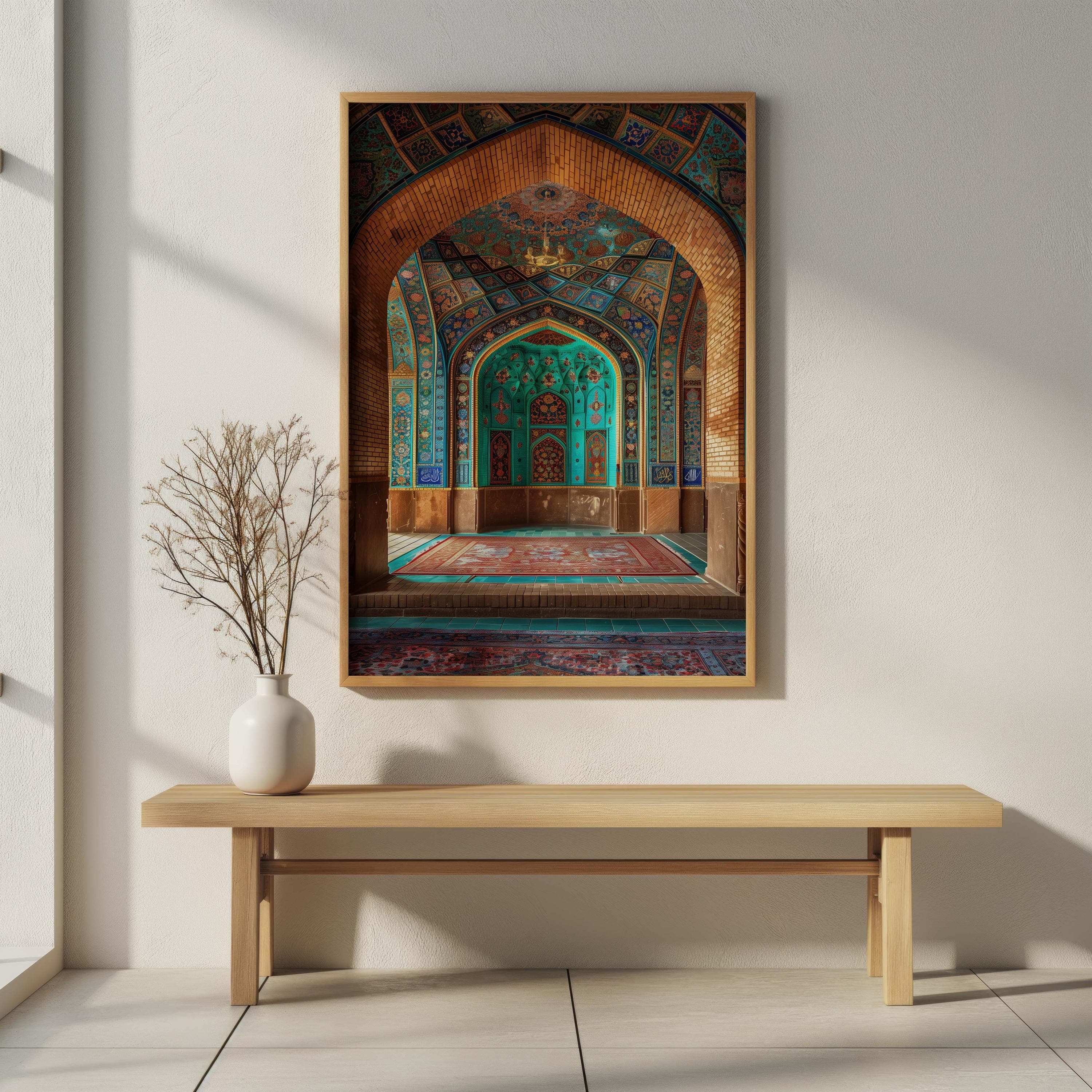 Islamic Prayer Room Wall Art | Turquoise Mihrab Arch Interior | Mosque Architecture Photography Print with Prayer Rug Decor - image 3