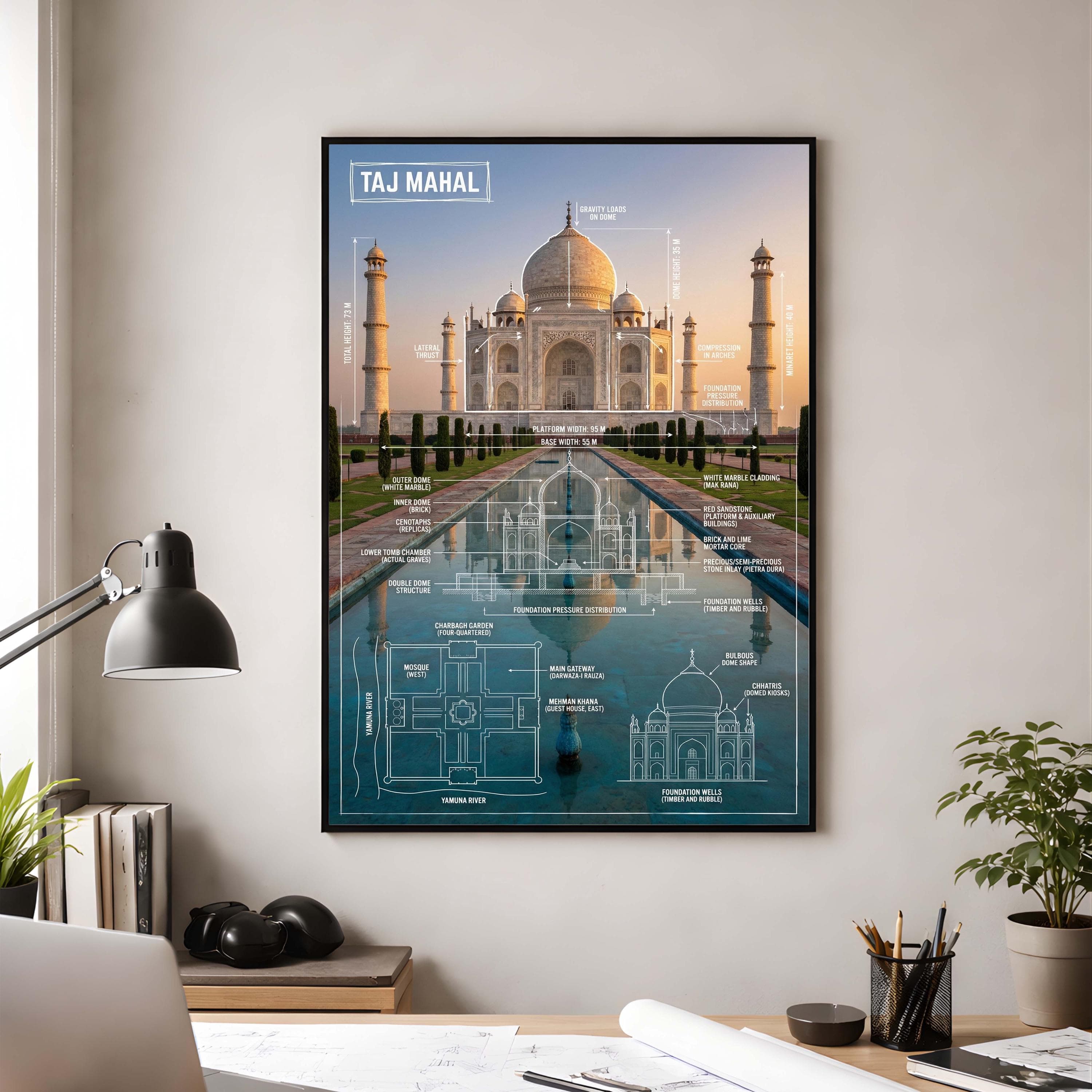 Taj Mahal Architecture Blueprint Poster | Structural Engineering Diagram Print | Mughal Landmark Infographic | Architect Office Wall Art
