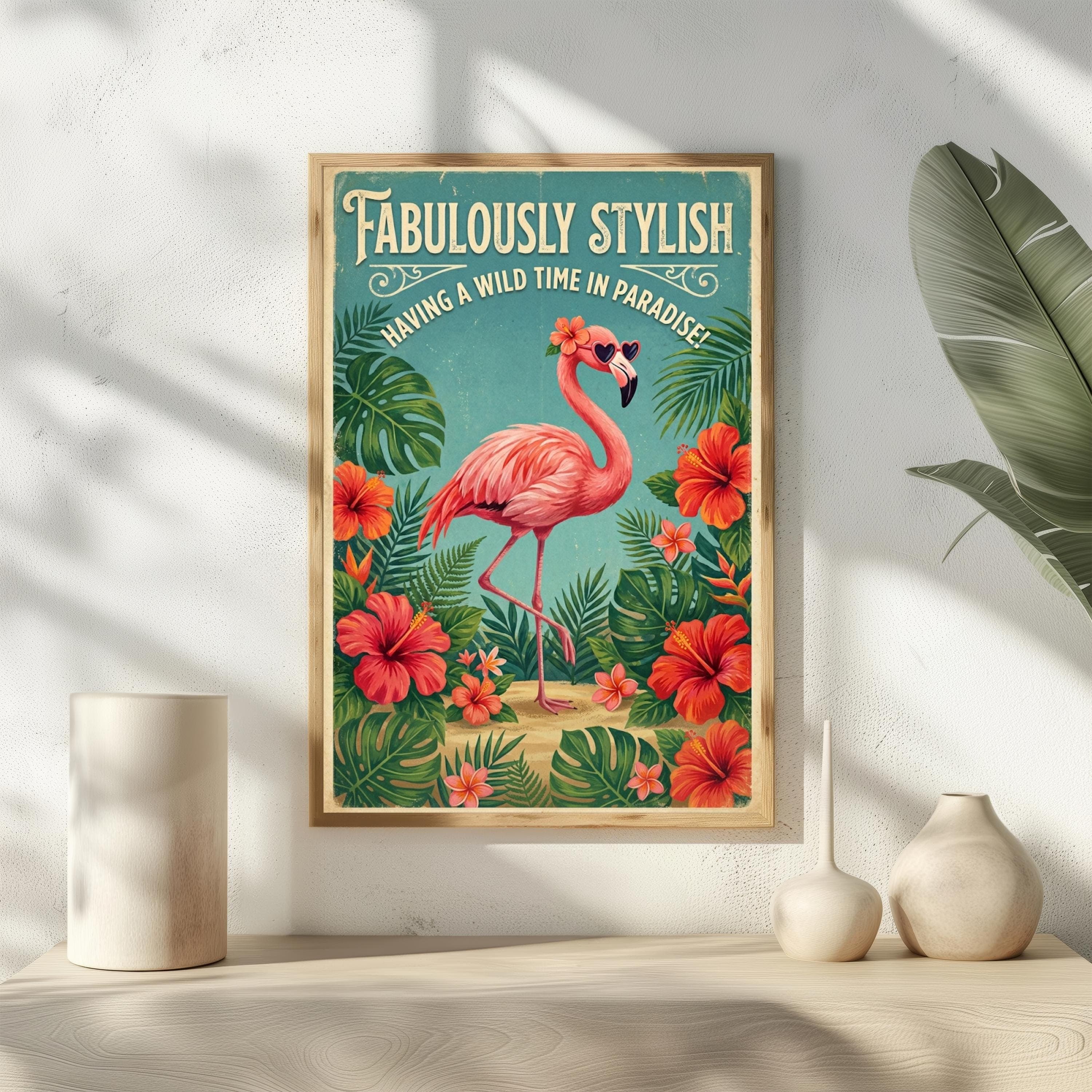 Retro Flamingo Poster, Tropical Kitsch Wall Art, Vintage Florida Beach House Print