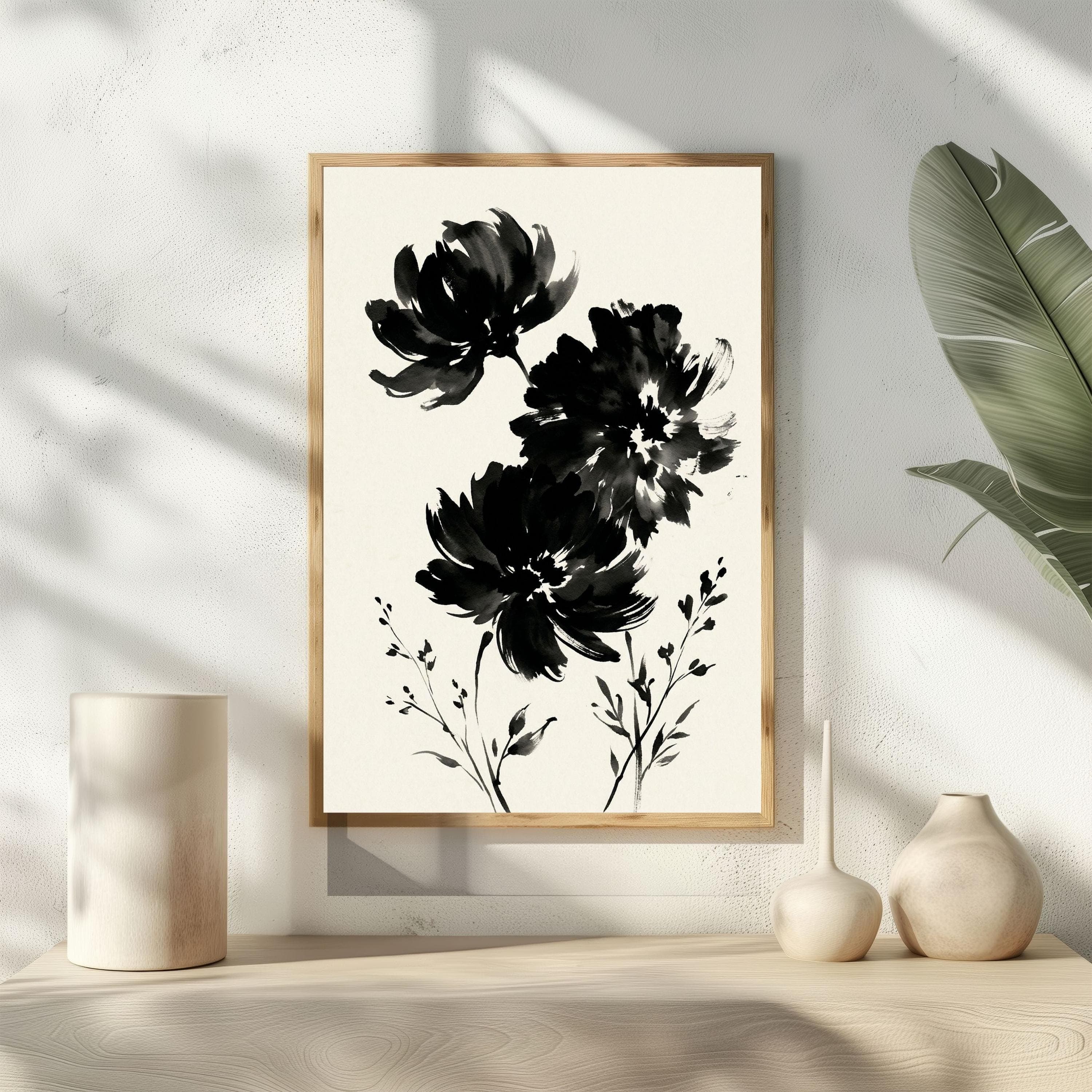 Japandi Floral Wall Art, Sumi-e Ink Wash Painting, Black Ink Flower Zen Poster