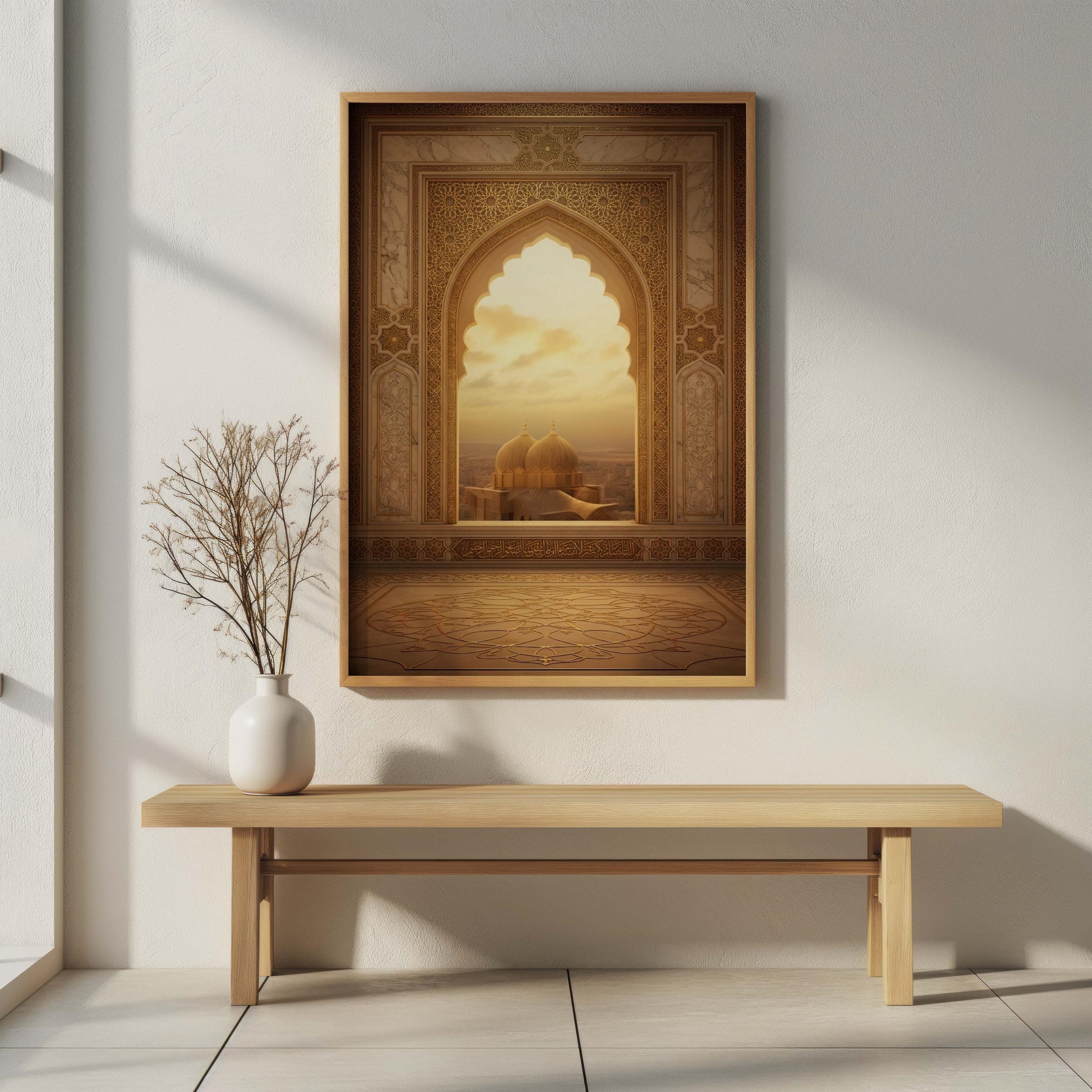 Islamic Mosque Archway Print, Golden Sunset Dome View, Arabic Architecture Art - image 5