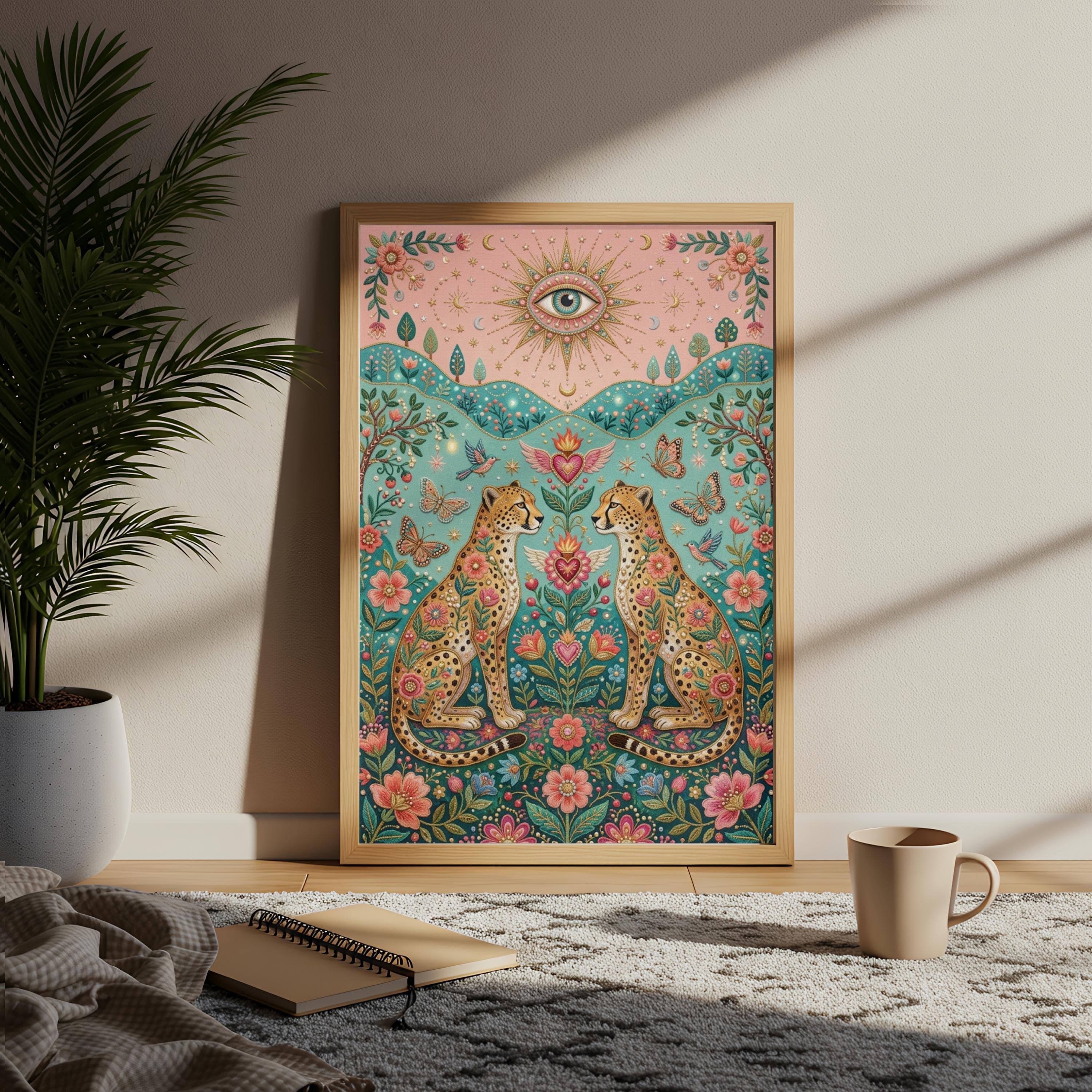 Maximalist Cheetah Wall Art, Faux Embroidery Print, Sacred Heart, Evil Eye Poster - image 5
