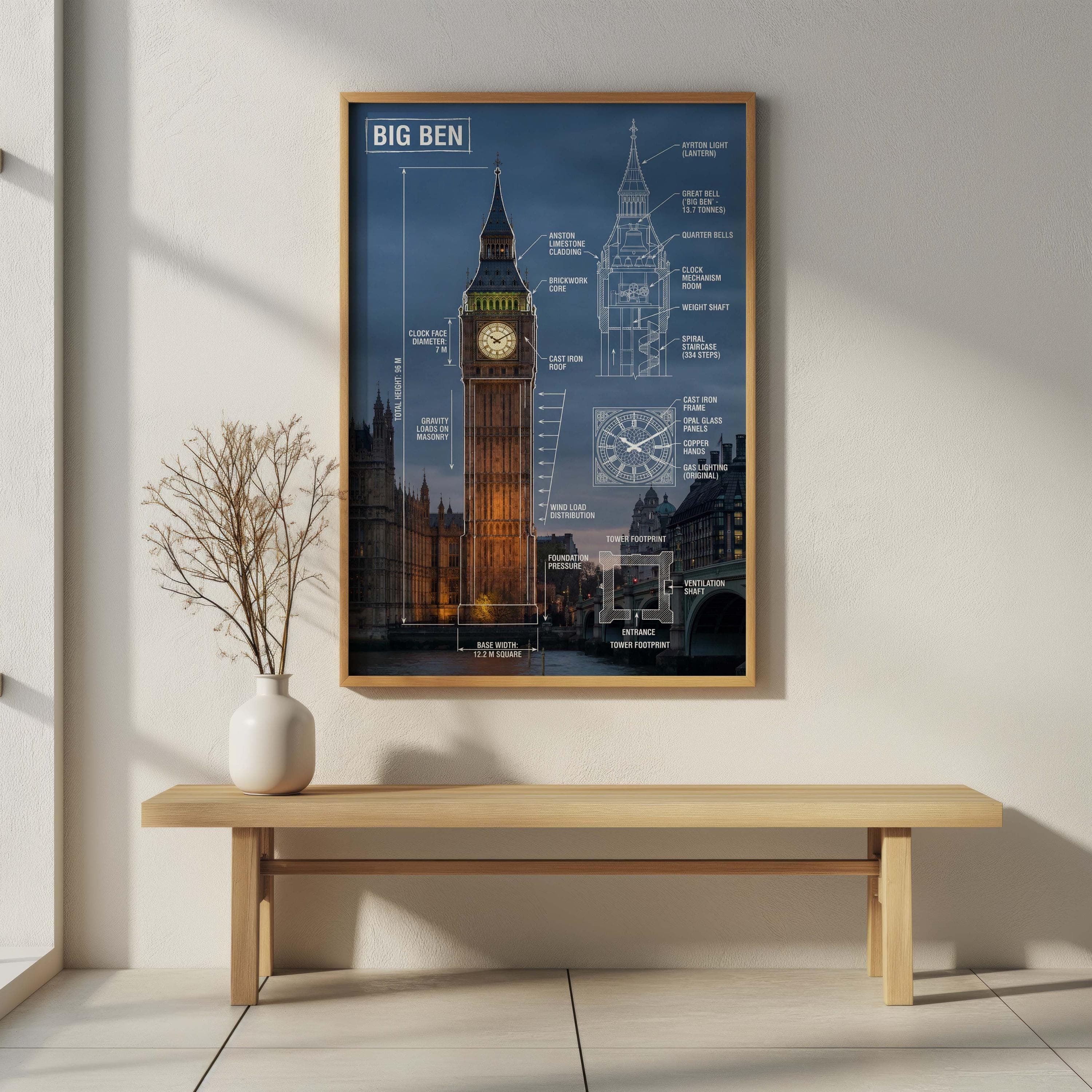 Big Ben Structural Art | London Architecture Print | Elizabeth Tower Plan | Wind Load Diagram | British History Gift | Horology Decor - image 4