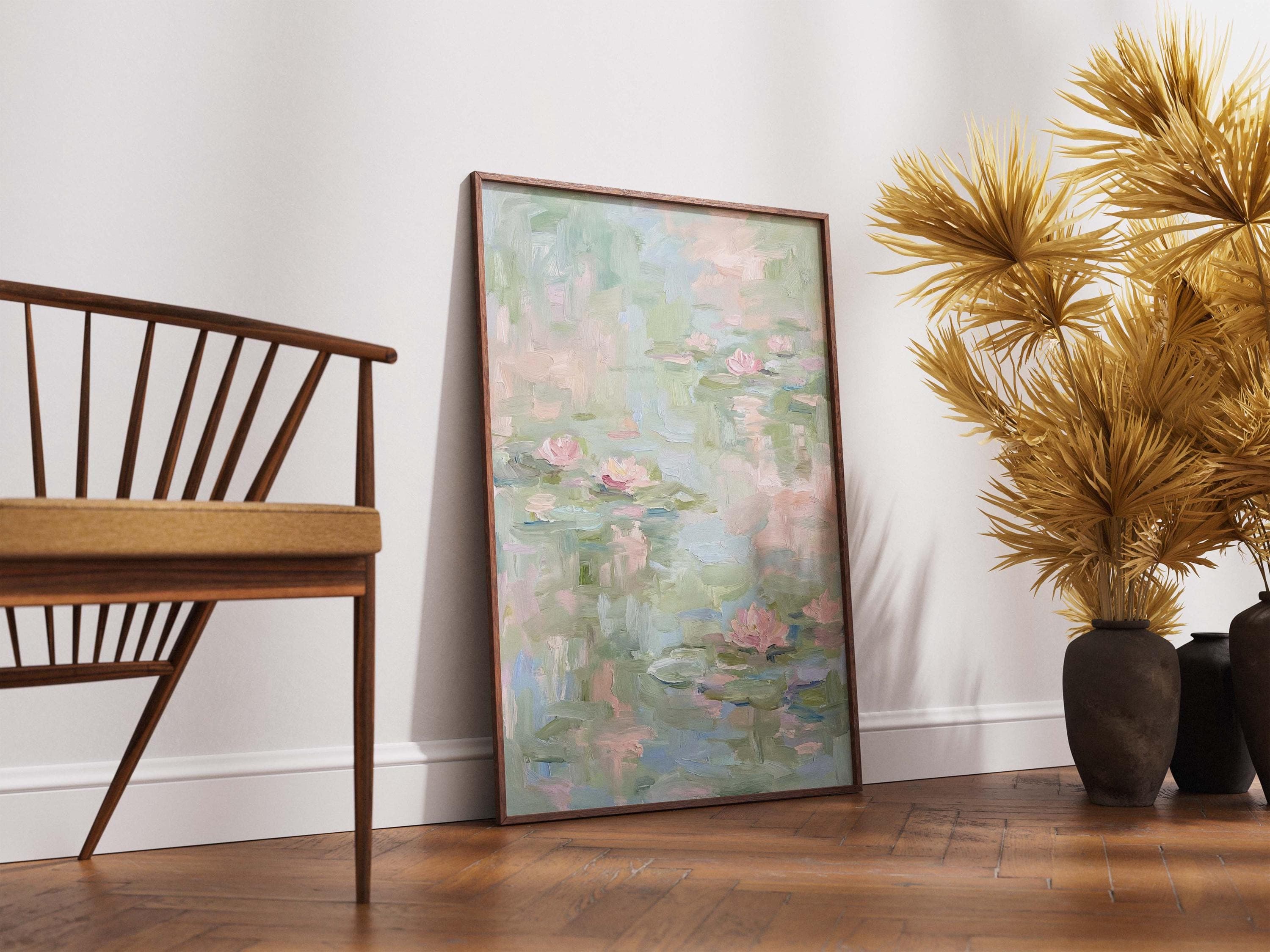 Abstract Water Lily Pond Print, Sage Green and Pink Wall Art, Textured Impasto Oil Painting, Modern Floral Poster, Pastel Nursery Decor - image 4