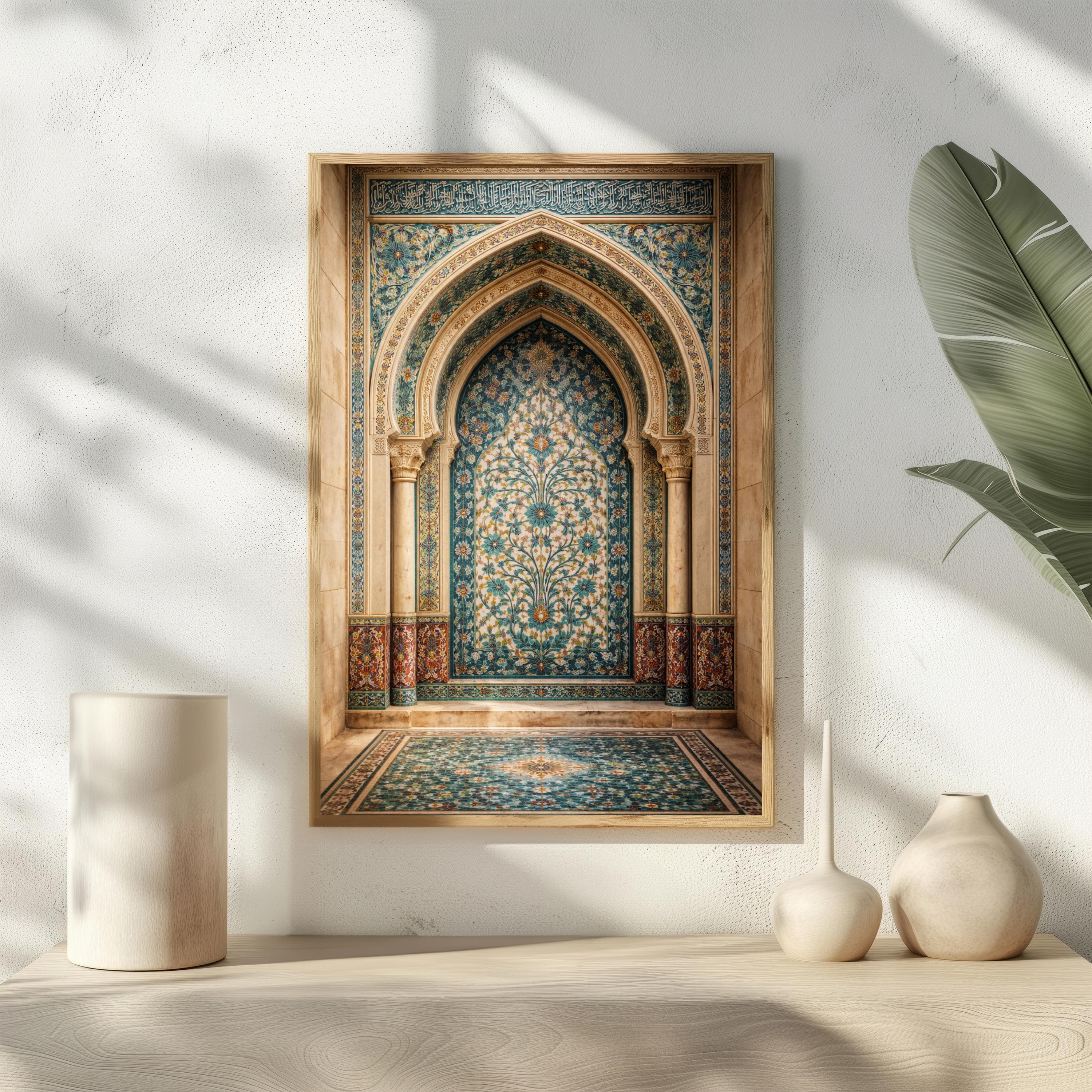 Tree of Life Islamic Wall Art, Mughal Floral Mihrab Print, Turquoise Gold Persian Tile Poster, Muslim Prayer Corner Decor