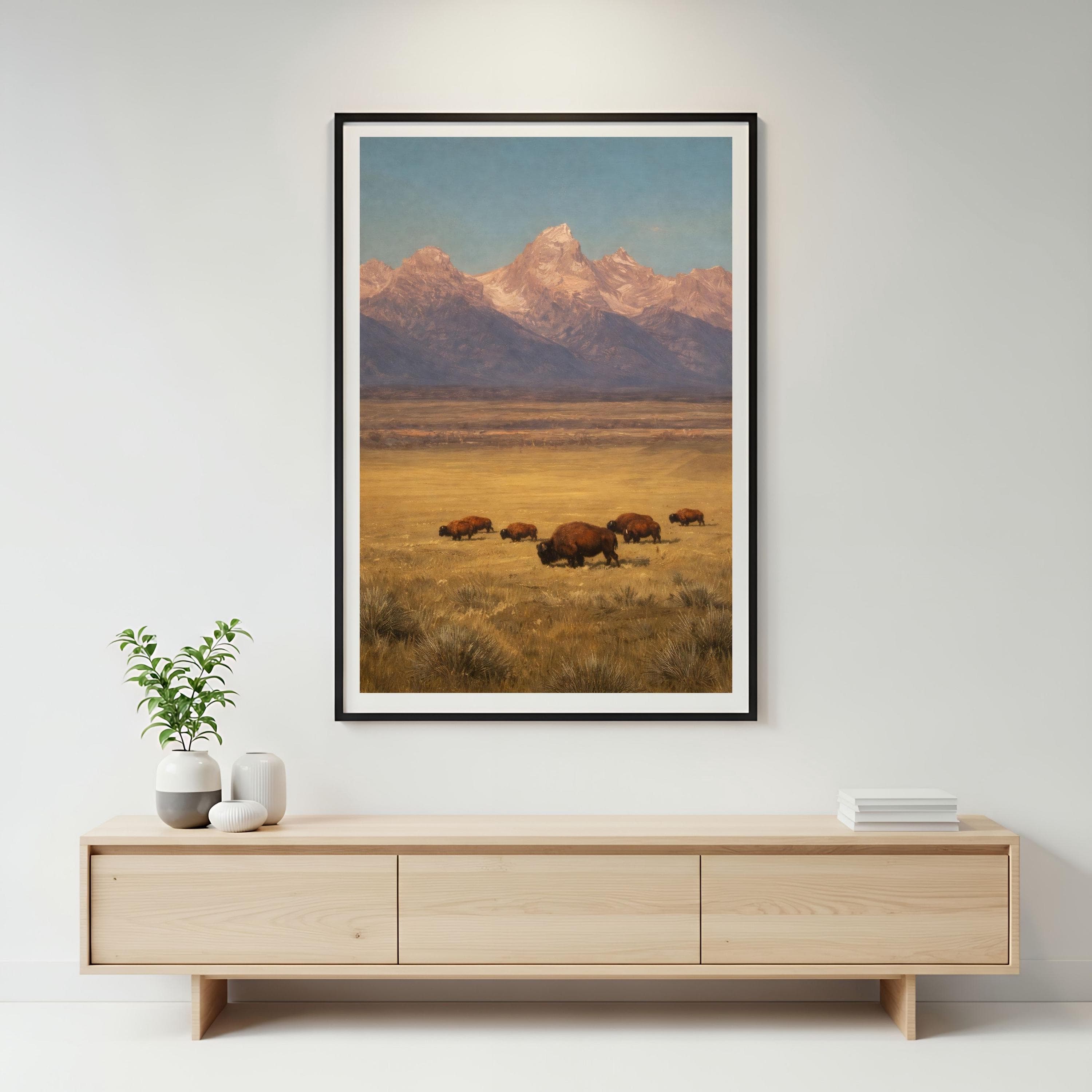 Vintage Western Bison Poster, Grand Teton Oil Painting, Prairie Landscape Art - image 3
