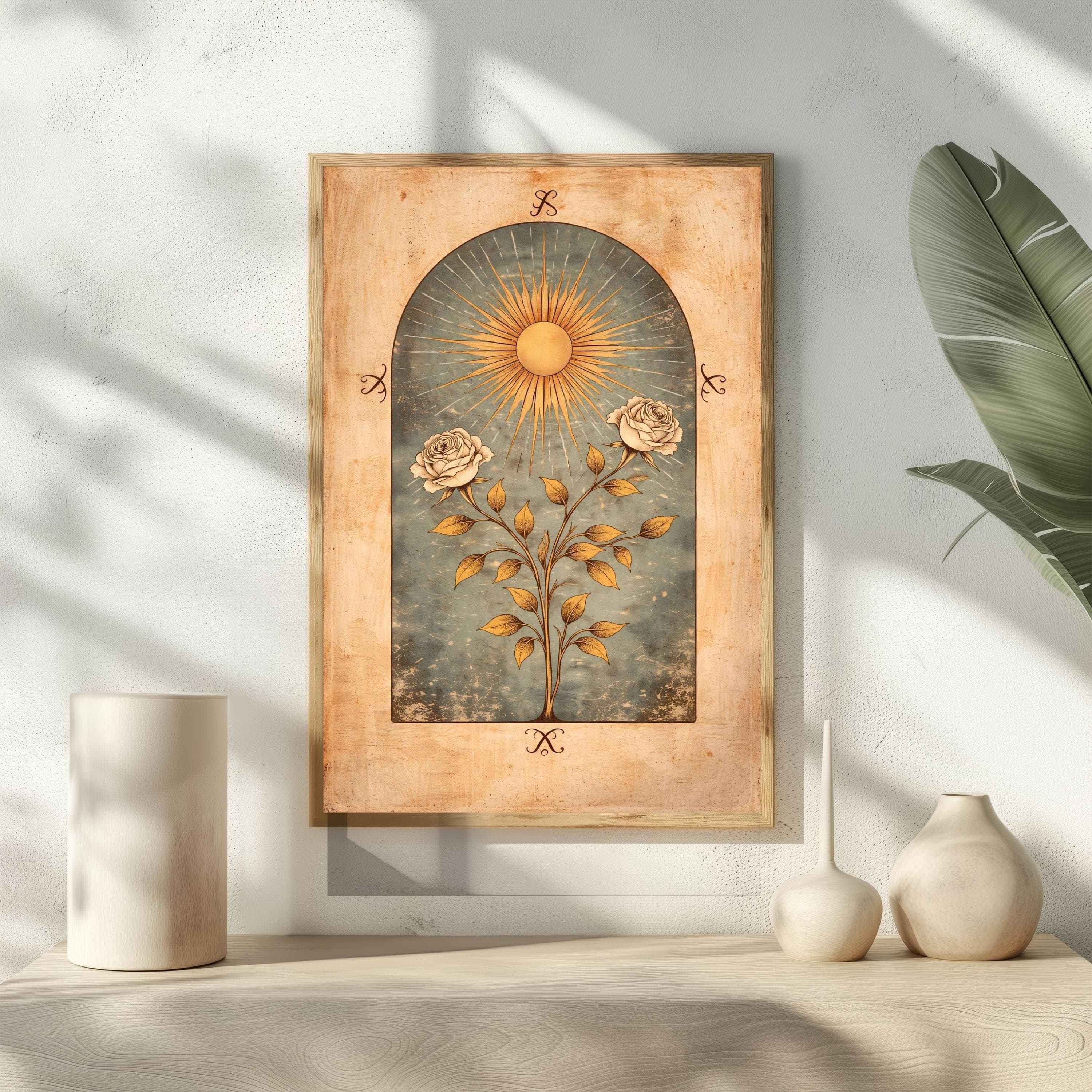 Whimsigoth Sun Wall Art, Celestial Rose Poster, Vintage Tarot Card Flower Print