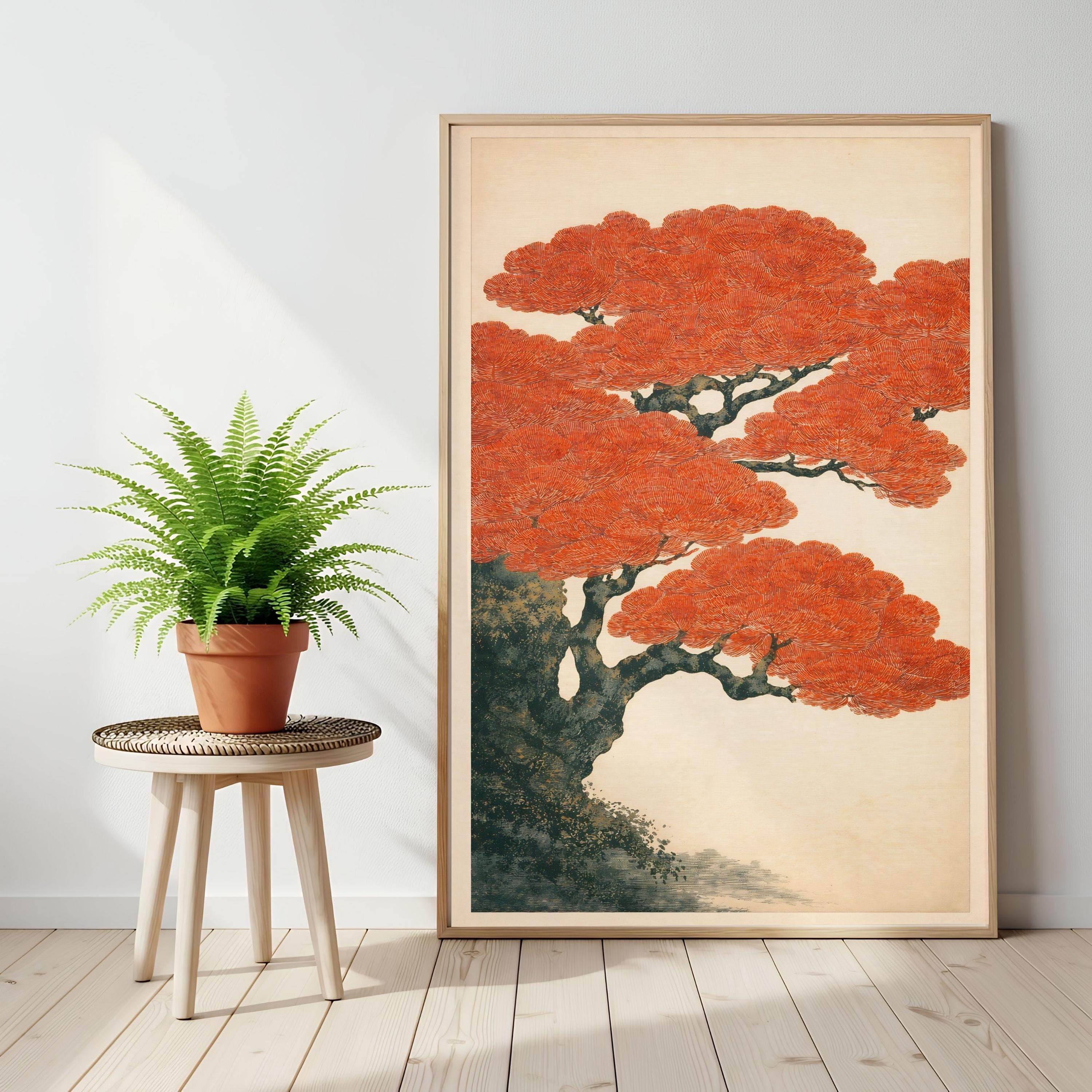 Japanese Pine Tree Print, Red Foliage Japandi Wall Art, Shin-hanga Poster - image 3