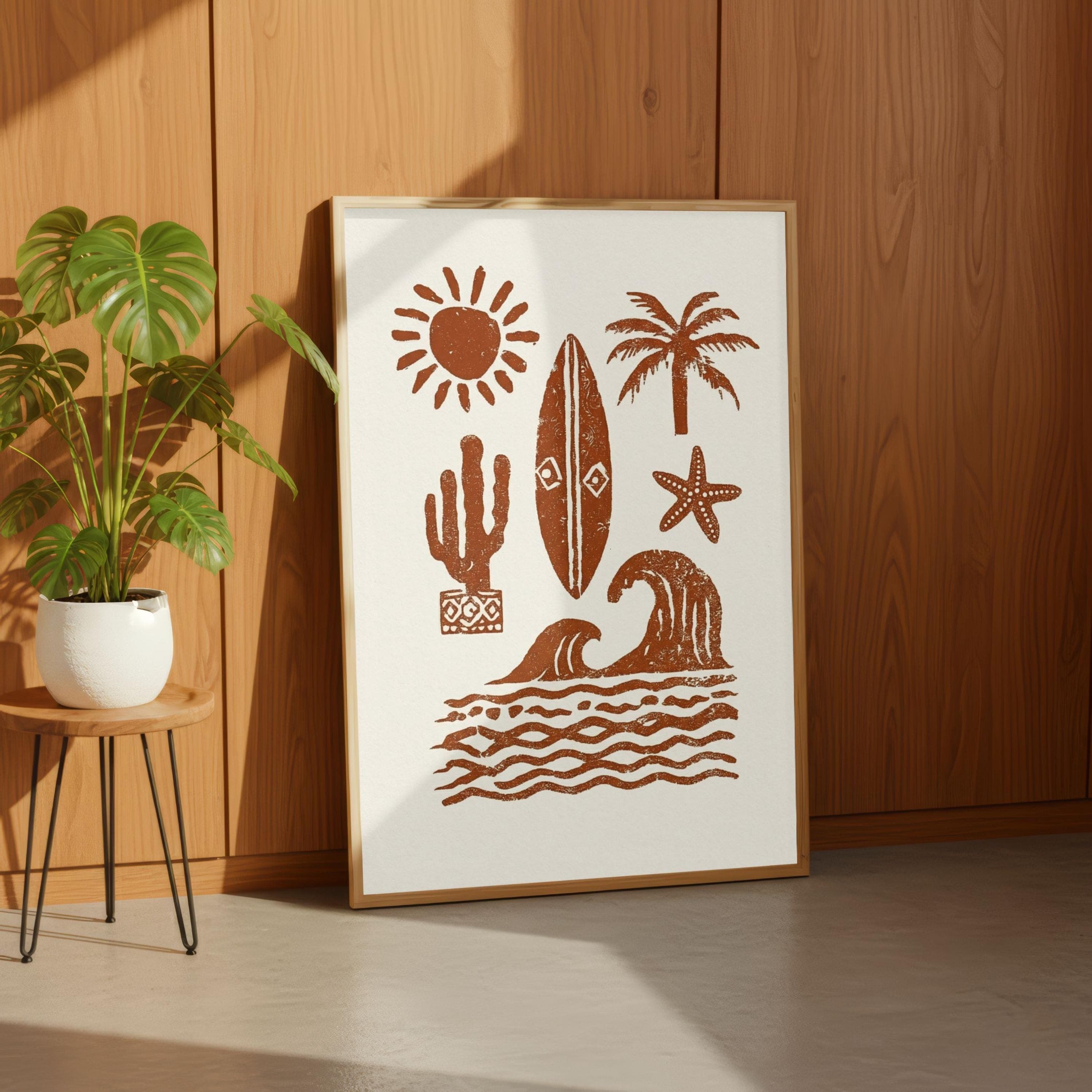 Surfboard Art Print, Terracotta Coastal Linocut, Cactus and Wave Poster - image 4