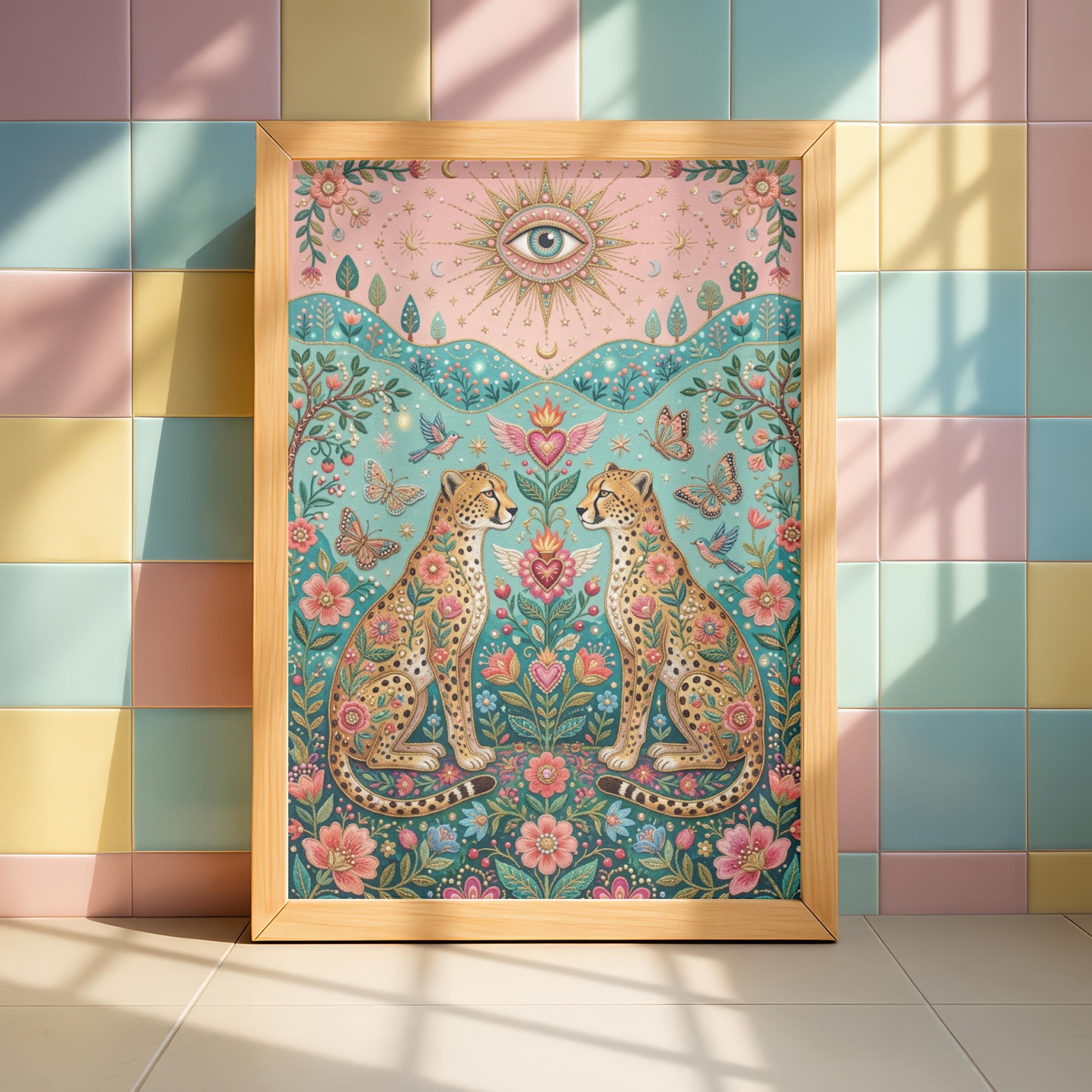 Maximalist Cheetah Wall Art, Faux Embroidery Print, Sacred Heart, Evil Eye Poster - image 4