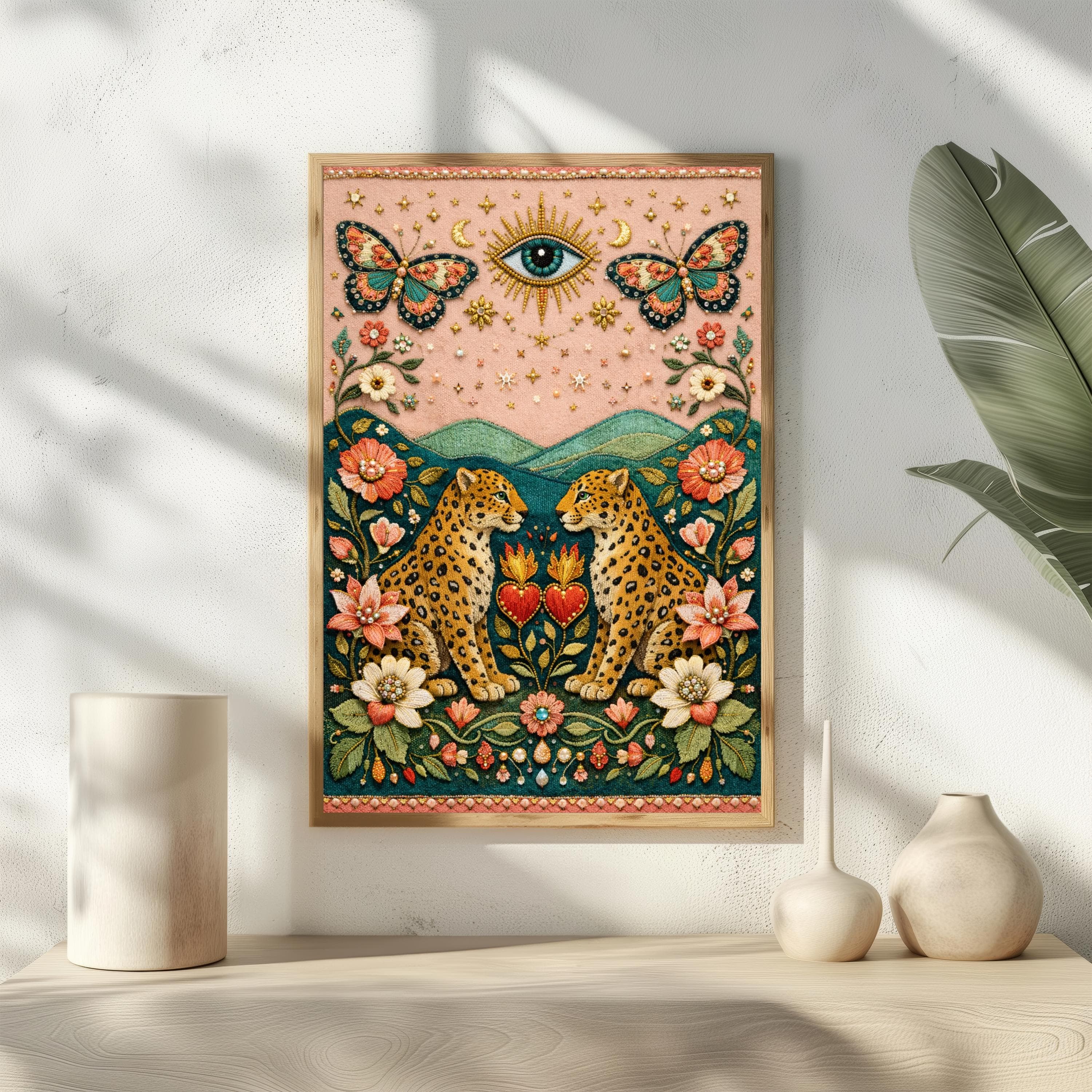 Maximalist Leopard Wall Art, Faux Embroidery Print, Sacred Heart, Evil Eye Poster