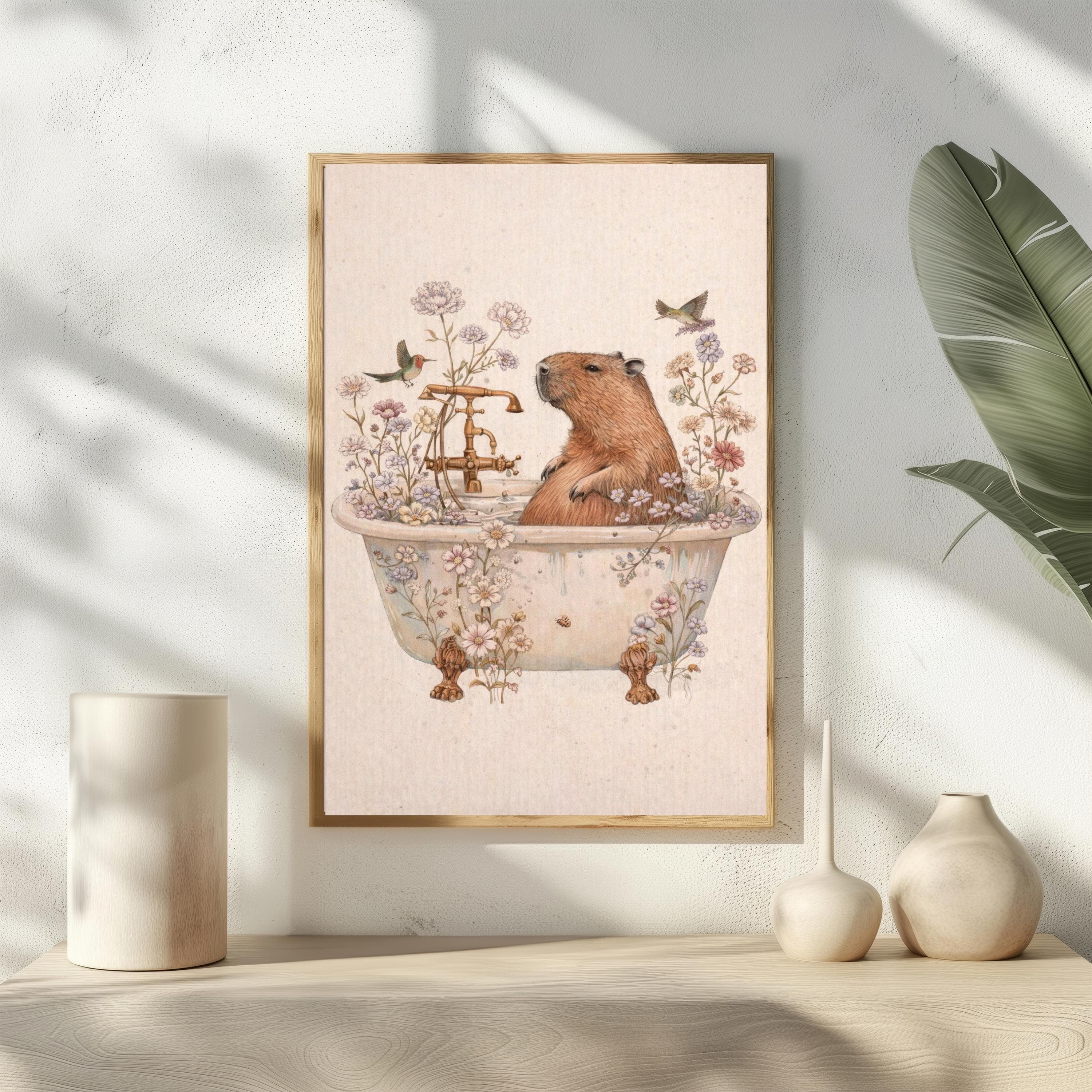 Capybara in Bathtub Wall Art, Vintage Style Bathroom Decor, Whimsical Animal Print, Cottagecore Floral Poster, Funny Spa Day Art