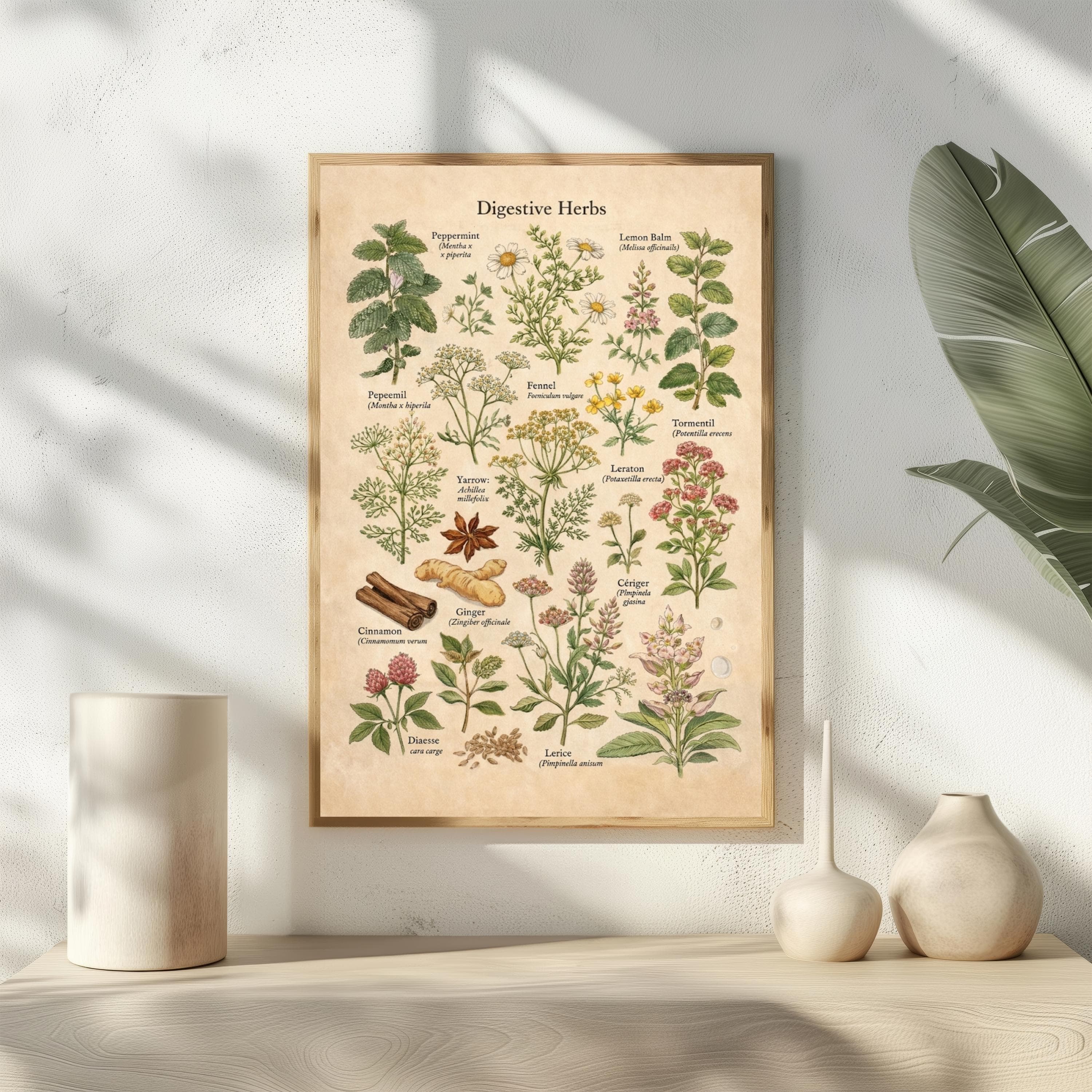 Digestive Herbs Botanical Print, Vintage Kitchen Herb Chart, Apothecary Wall Art