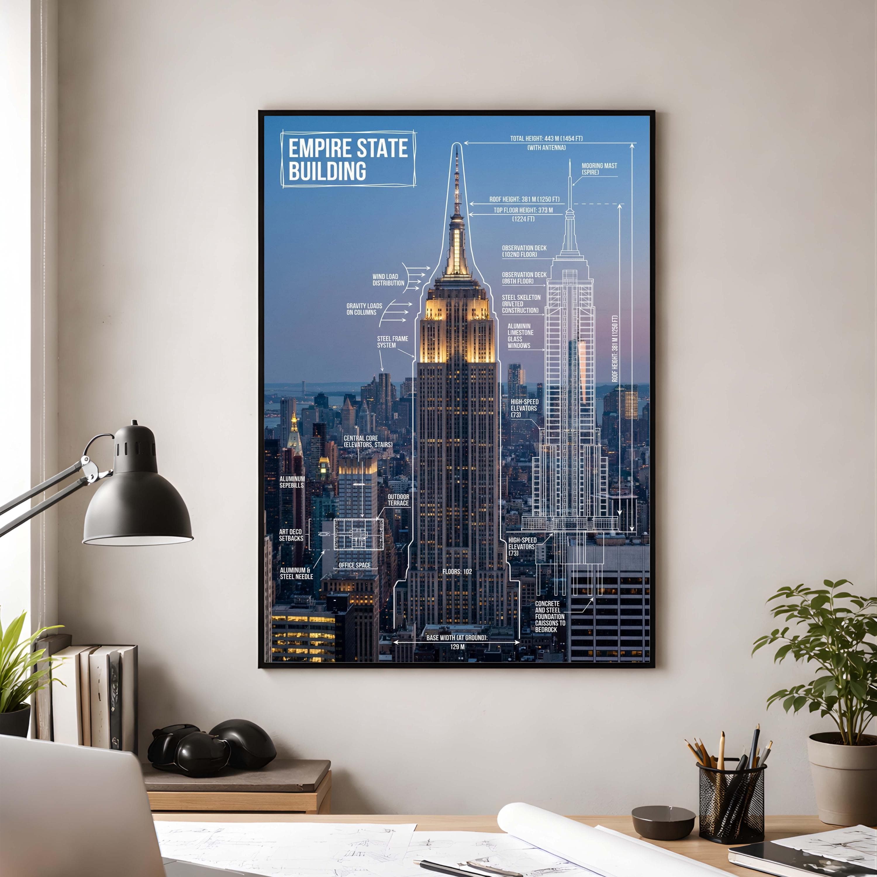 Empire State Structural Blueprint | NYC Skyscraper Art | Steel Frame Diagram | Civil Engineer Gift | Wind Load Chart | Art Deco Architecture