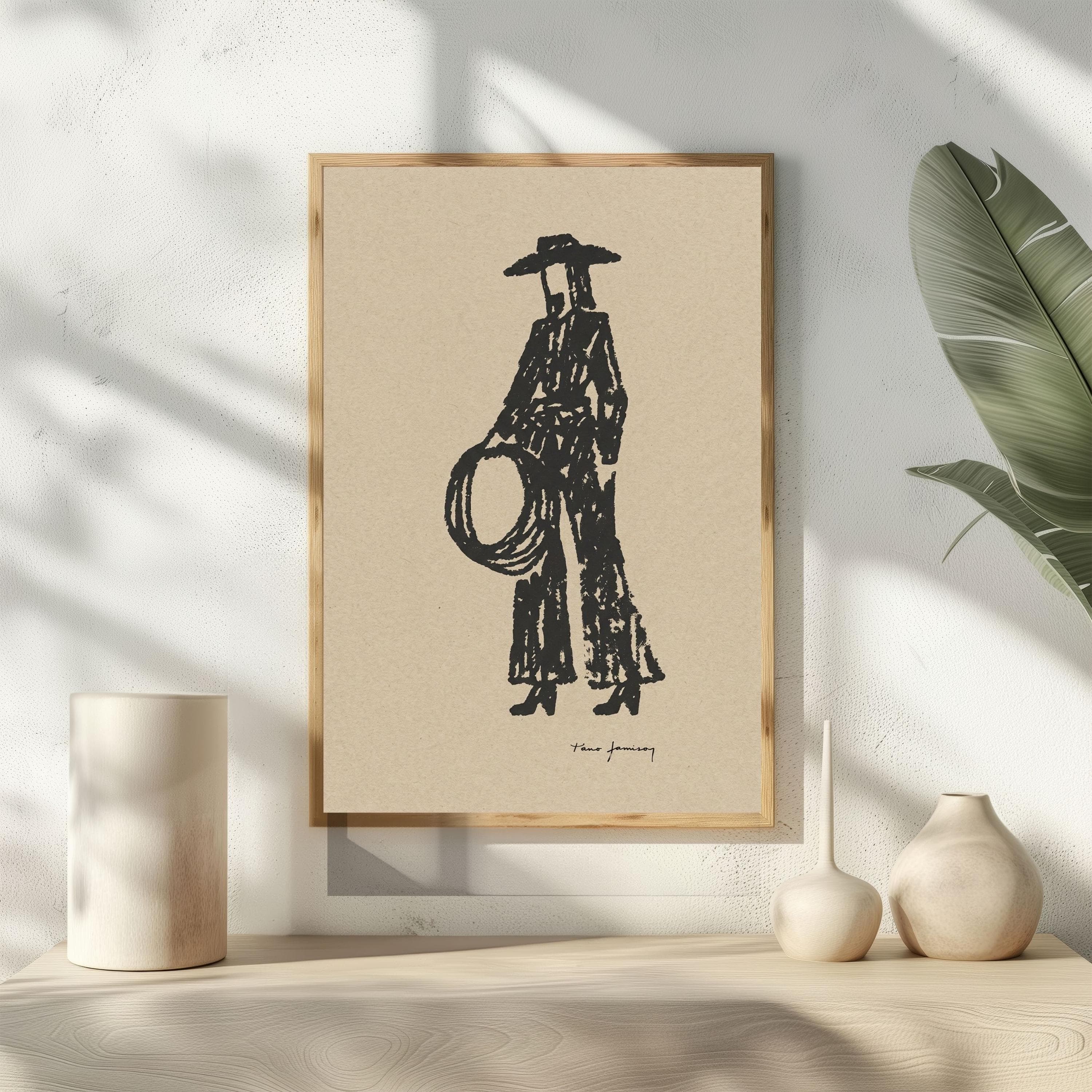 Cowgirl Sketch Minimalist Wall Art, Western Boho Line Art, Lasso Cowboy Drawing